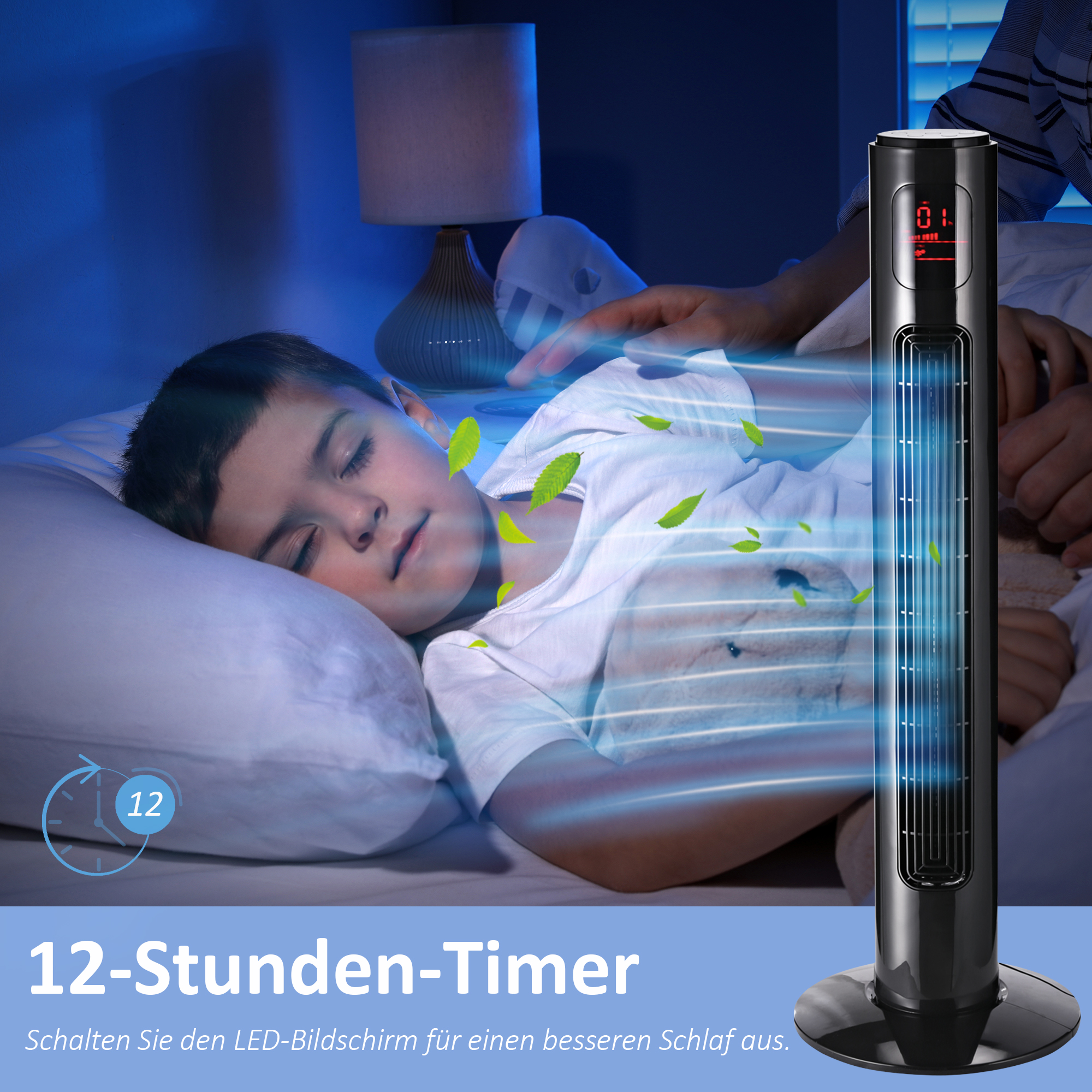 70° oszillierender Turmventilator mit Fernbedienung 3 Modi 3 Geschwindigkeiten Timer 32 x 32 x 96 cm Schwarz