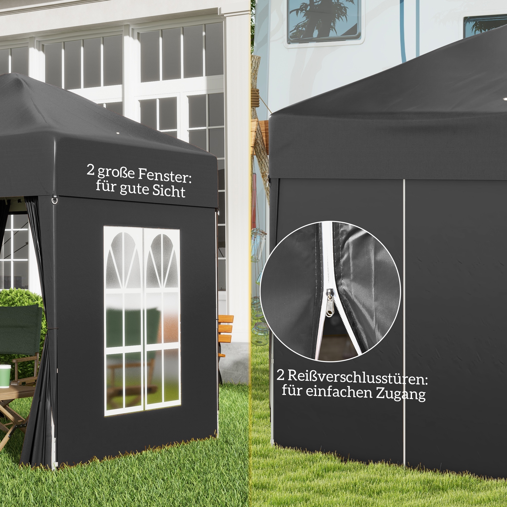 Faltpavillon, Bierzelt, 4 abnehmbare Seitenwände, 2 Fenster, Metallrahmen, 2 x 2m, Schwarz