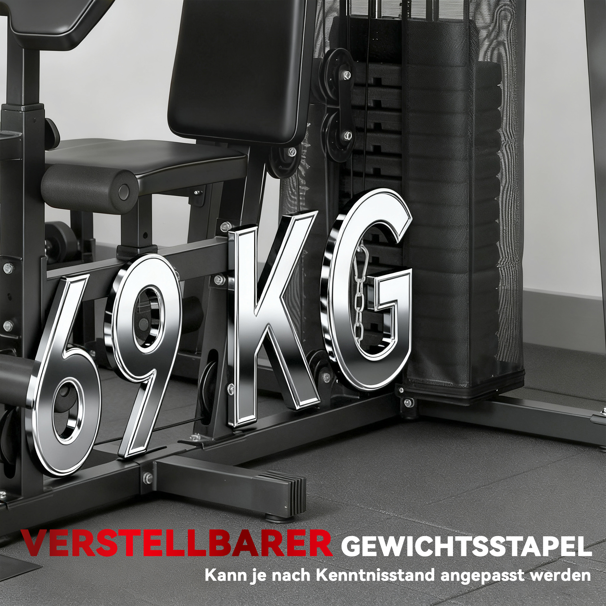Multifunktions-Trainingsstation, Heimfitness-Maschine für über 10 Übungen, Gewichte, anpassbare Fitnessbank, Schwarz
