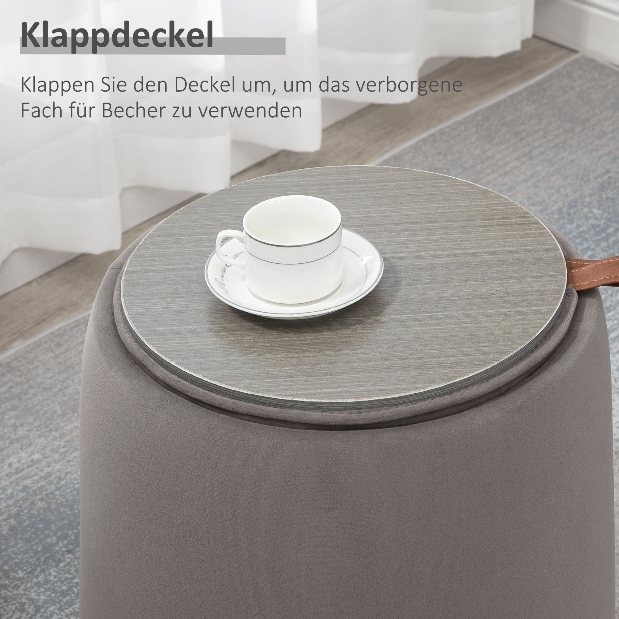 2-in-1 Hocker in Samtoptik inklusive Stauraum und abnehmbaren Deckel ?44 cm x 47,5 cm Grau