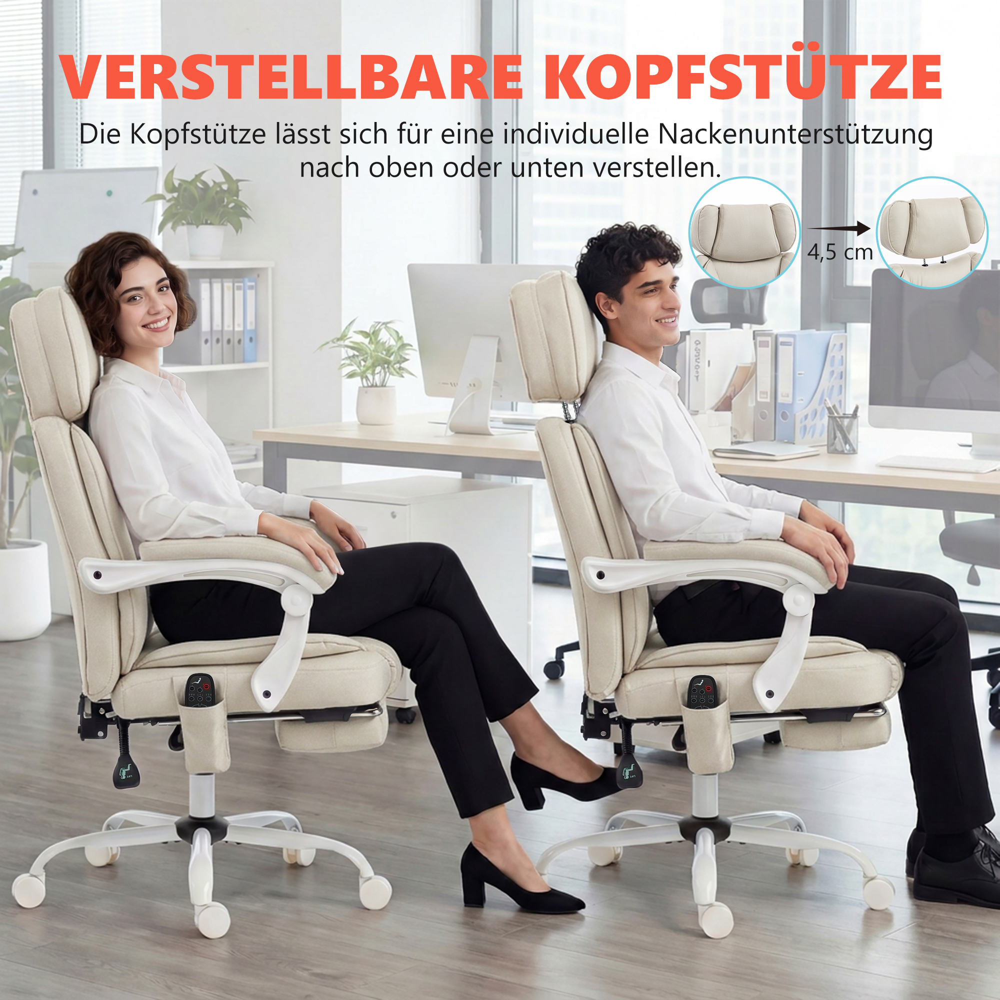 Hochlehner-Bürostuhl mit Vibrationsmassage und Heizung, ergonomisch, neigbar, mit Fußstütze, Cremeweiß