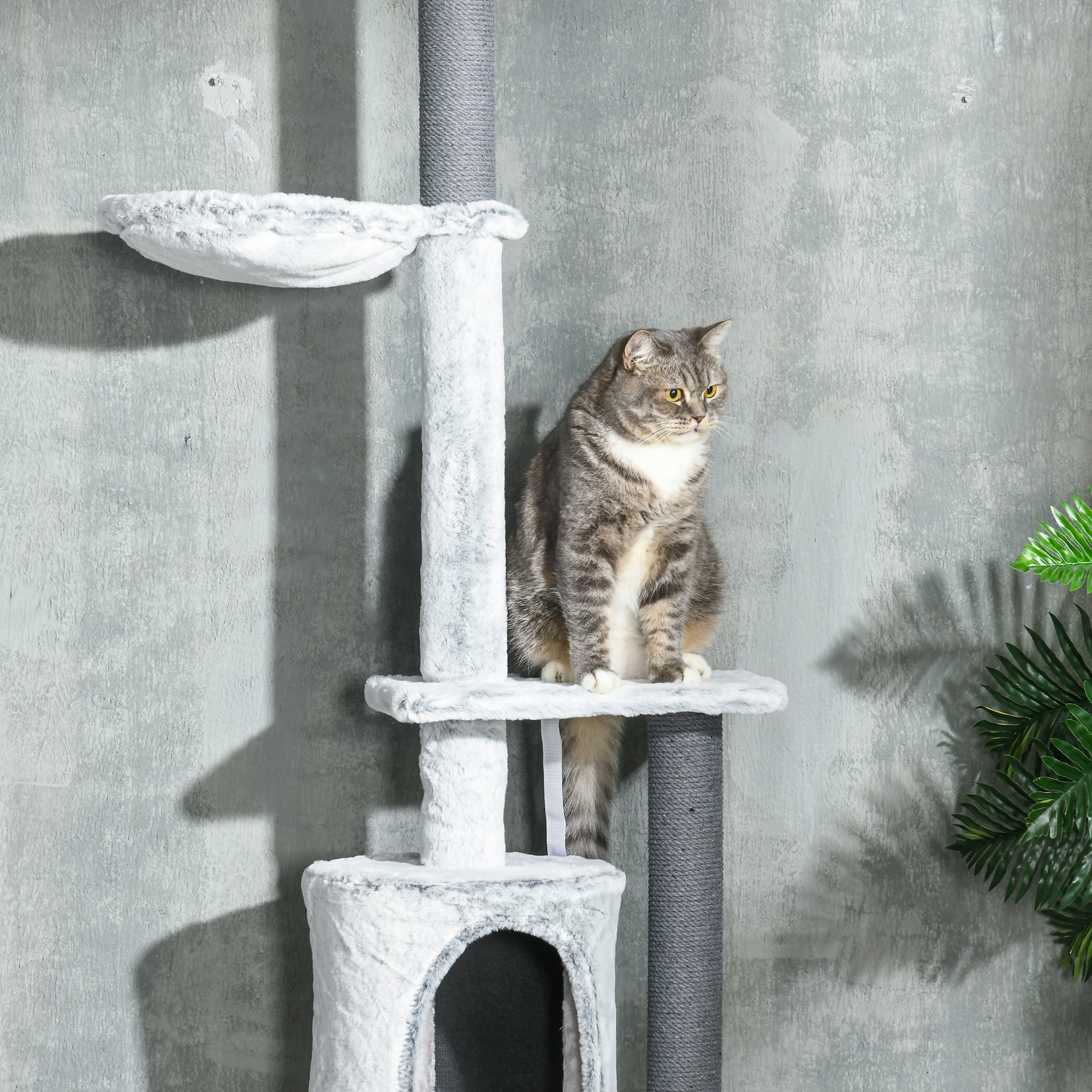 Kratzbaum mit Deckenspanner, Hängematte, Haus, Plattformen, Spielball, 225-255cm, Grau