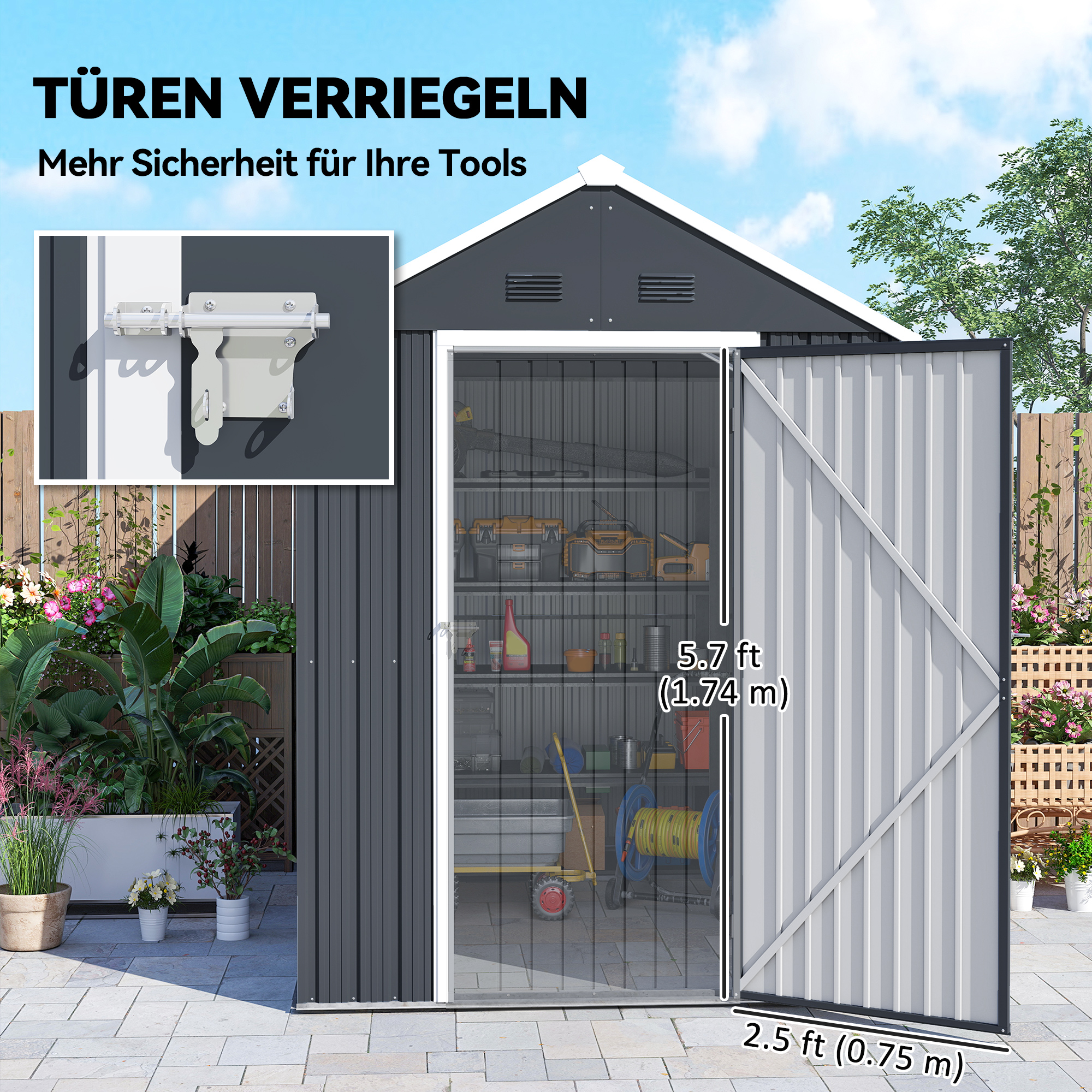 Gartenschuppen, Metallgerätehaus, Doppeltür, Fenster, 259x172x222 cm, Grau/Weiß
