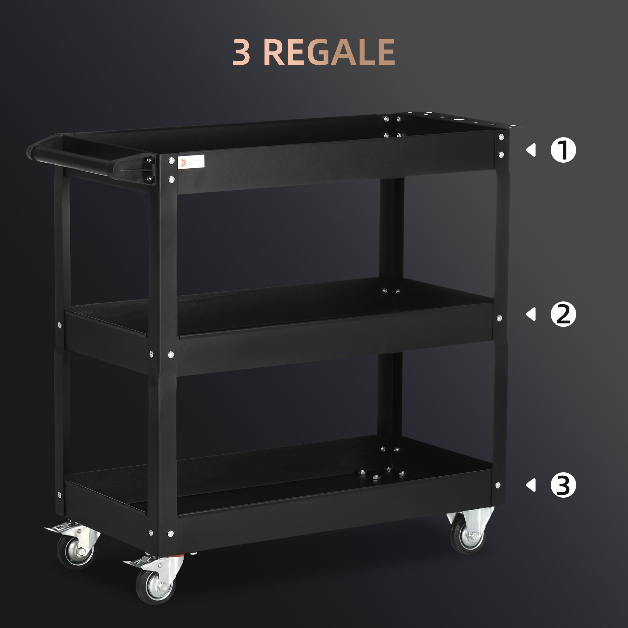3-stufiger Werkzeugwagen, 4 Rollen, Stahl, 83B x 35,3T x 76H cm, Schwarz
