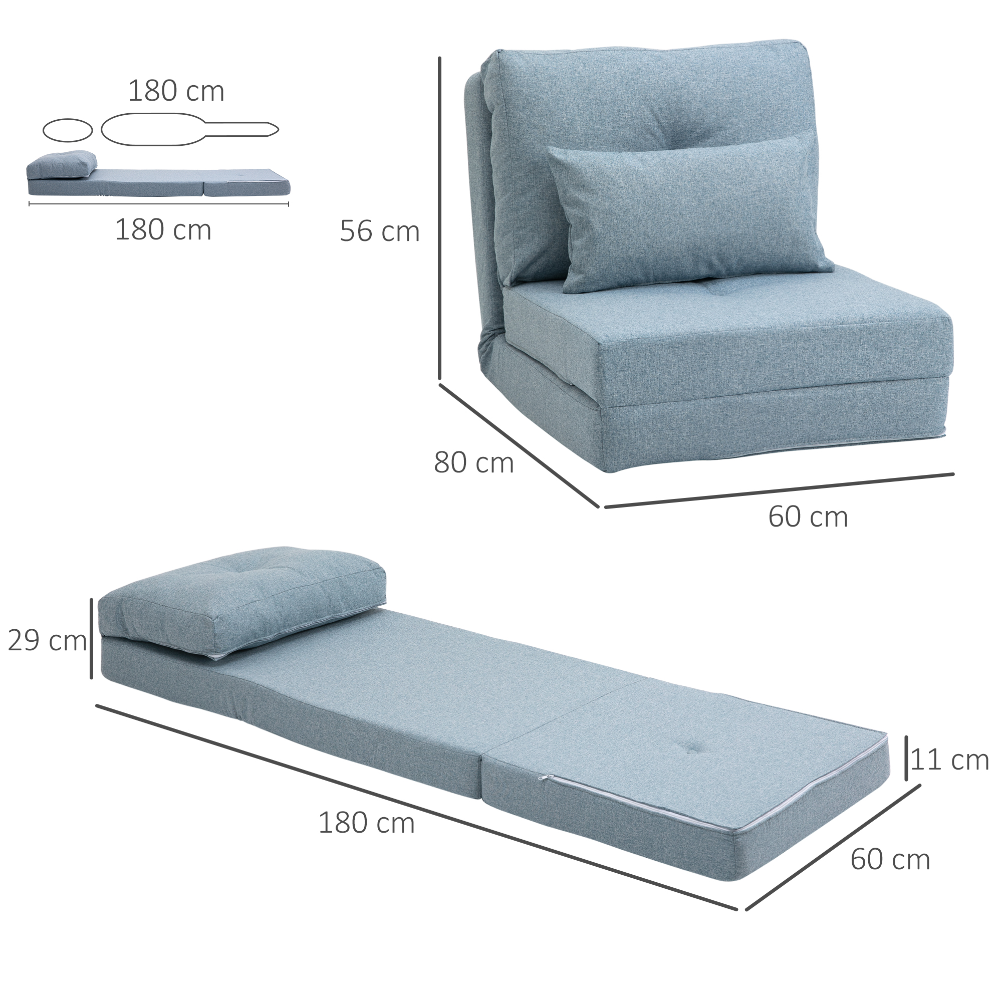 Bodensessel Klappmatratze Schlafmatte, 2-in-1-Design, abnehmbares Kissen, 60 x 80 x 56 cm, Himmelblau