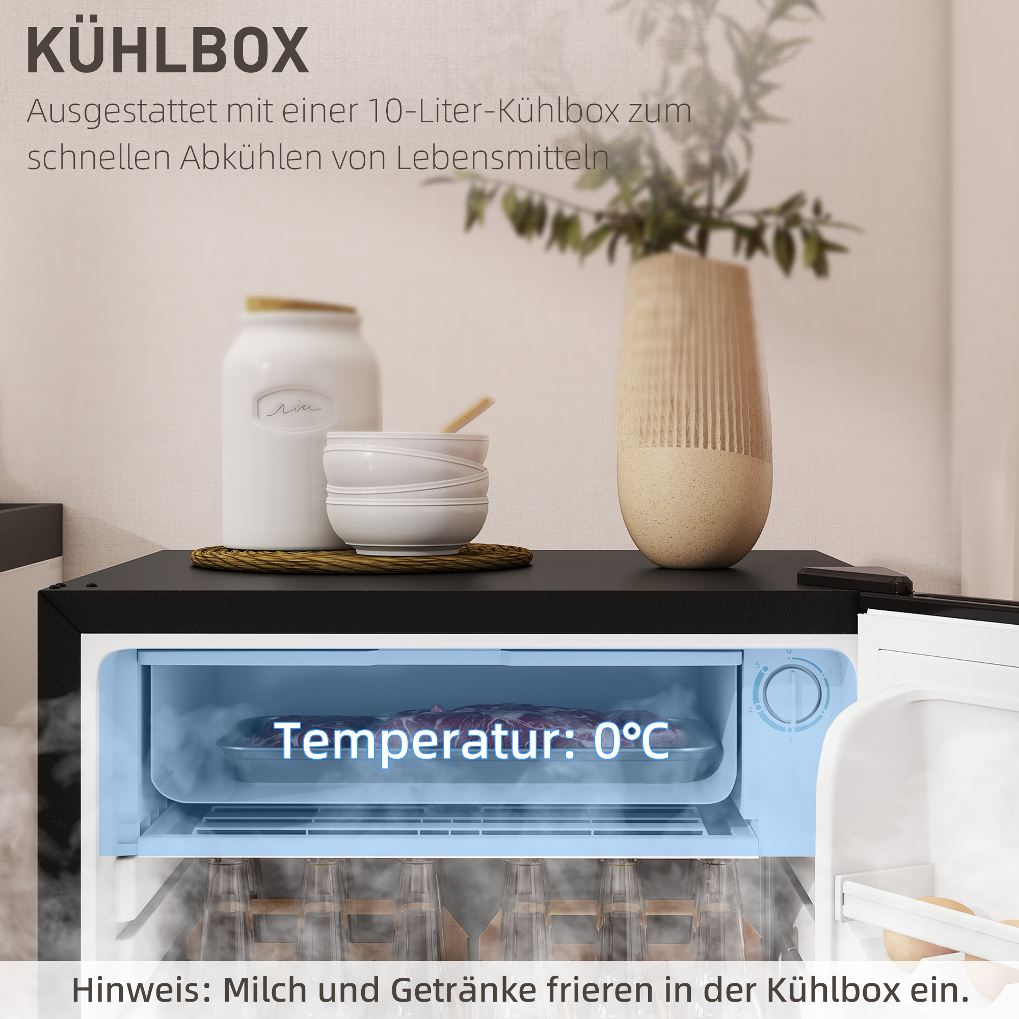 Mini-Kühlschrank, 91 Liter Kapazität, Gefrierfach, verstellbare Fächer, leiser Betrieb, kompakte Größe, Stahl, Schwarz