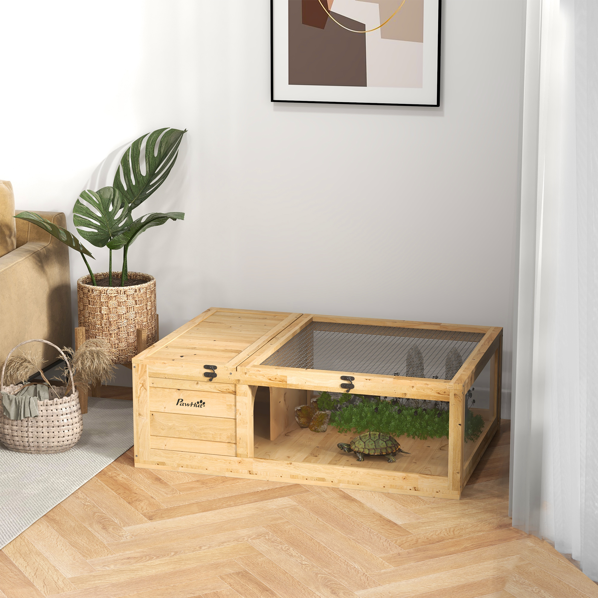 Schildkrötenhaus aus Holz, Schildkrötengehege mit Haupthäusern, aufklappbare Oberseite, 91 x 60,5 x 32 cm, Gelb
