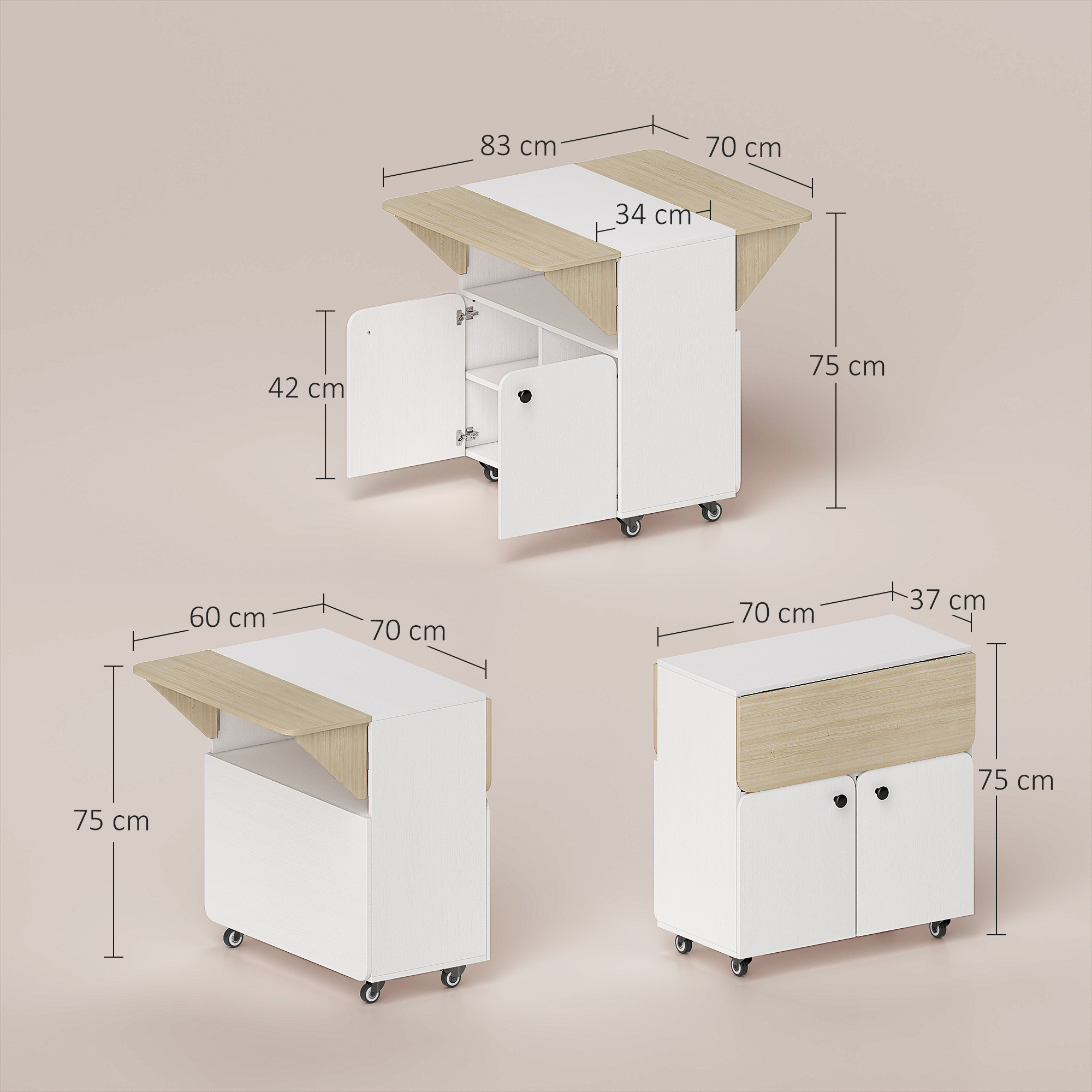 Klapptisch Rollschrank, zwei klappbare Tischseiten, Schrankfach, 4 Rollen, Weiß+Naturholz, 70 x 83 x 75cm