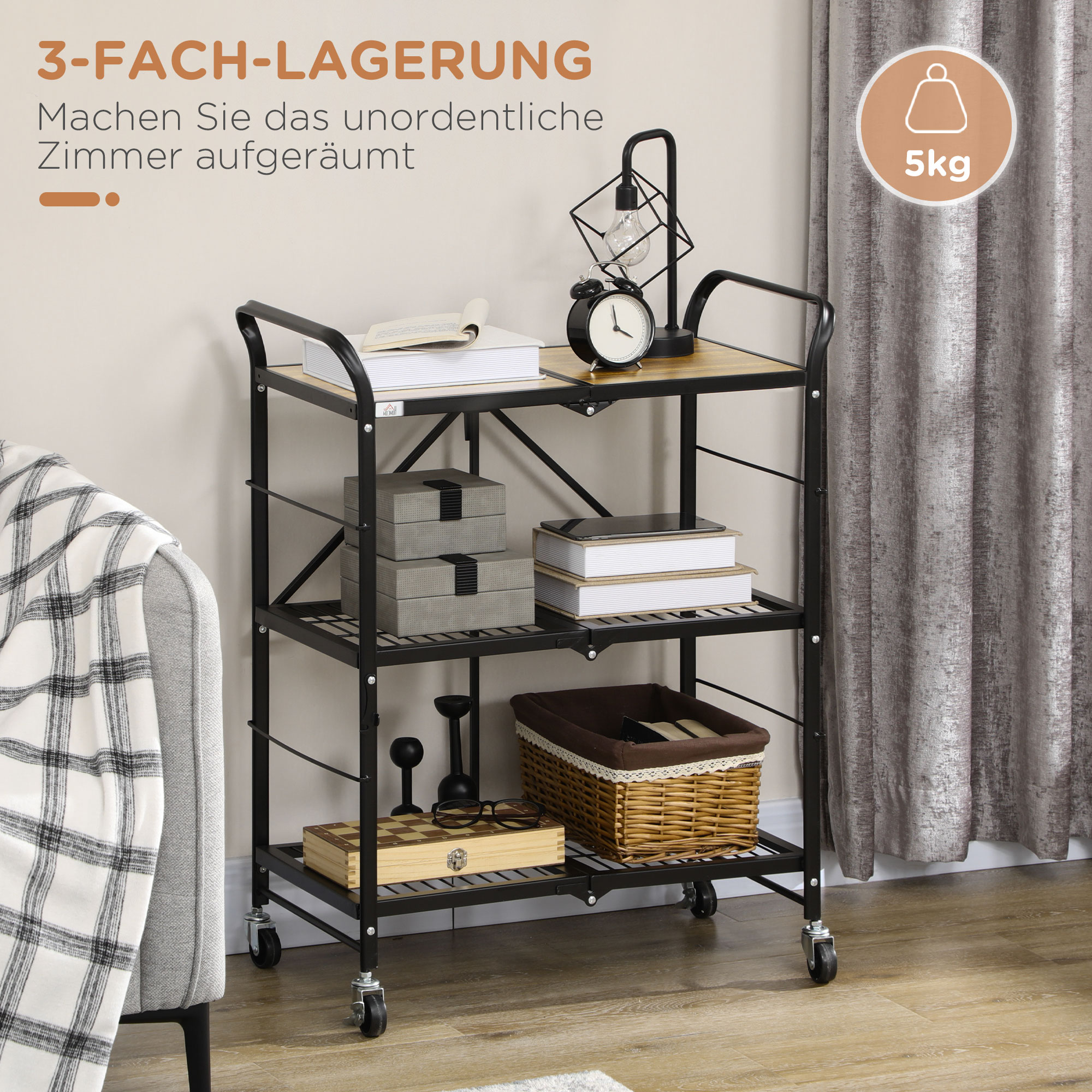Küchenwagen im Industriedesign, mit 3 Regalen, Mehrzweckwagen, Servierwagen, 4 Räder, klappbar, Braun + Schwarz