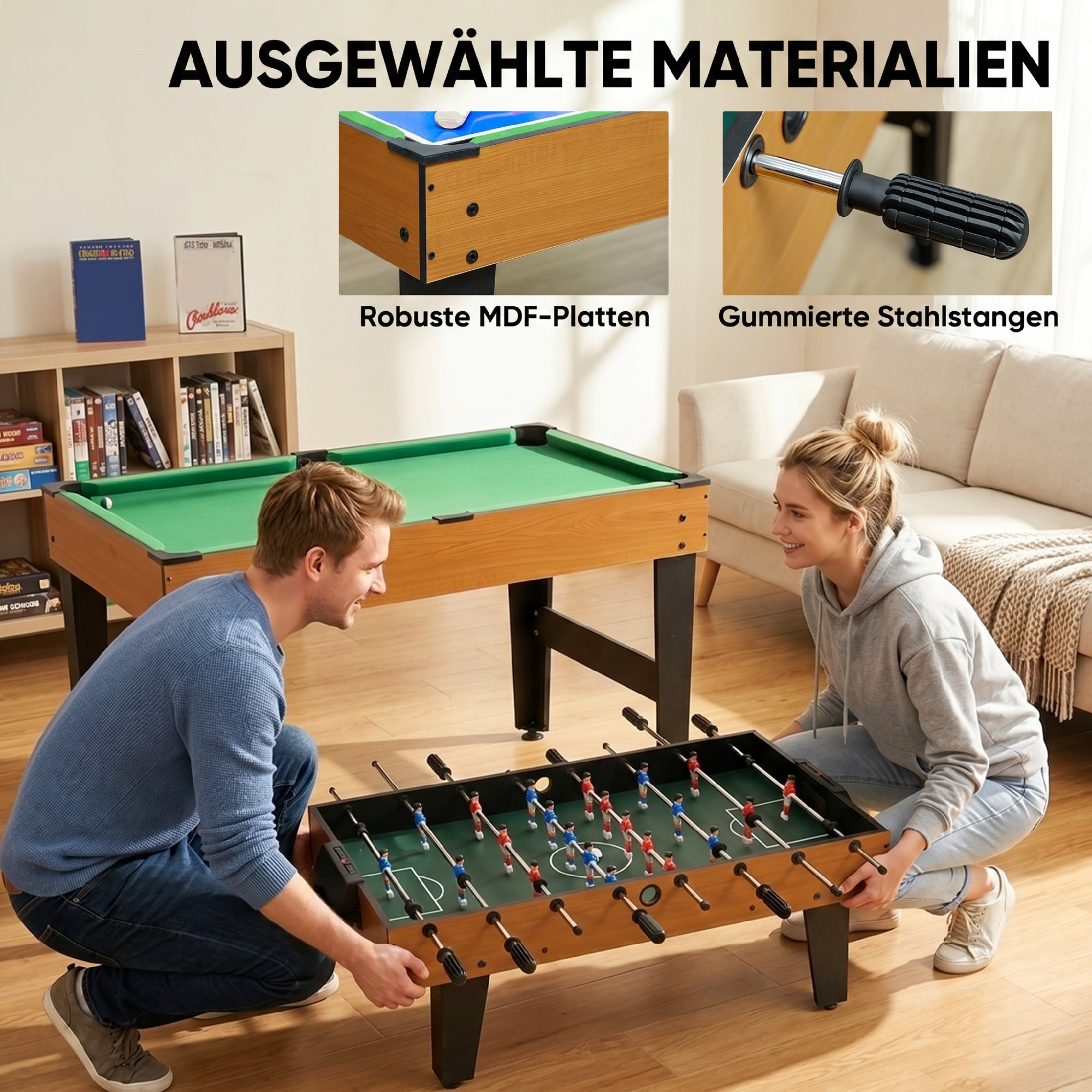 4-in-1 Partyspieltisch inkl. Tischtennis, Kicker, Billard, Tischhockey, Metall, Holz, Natur+Schwarz