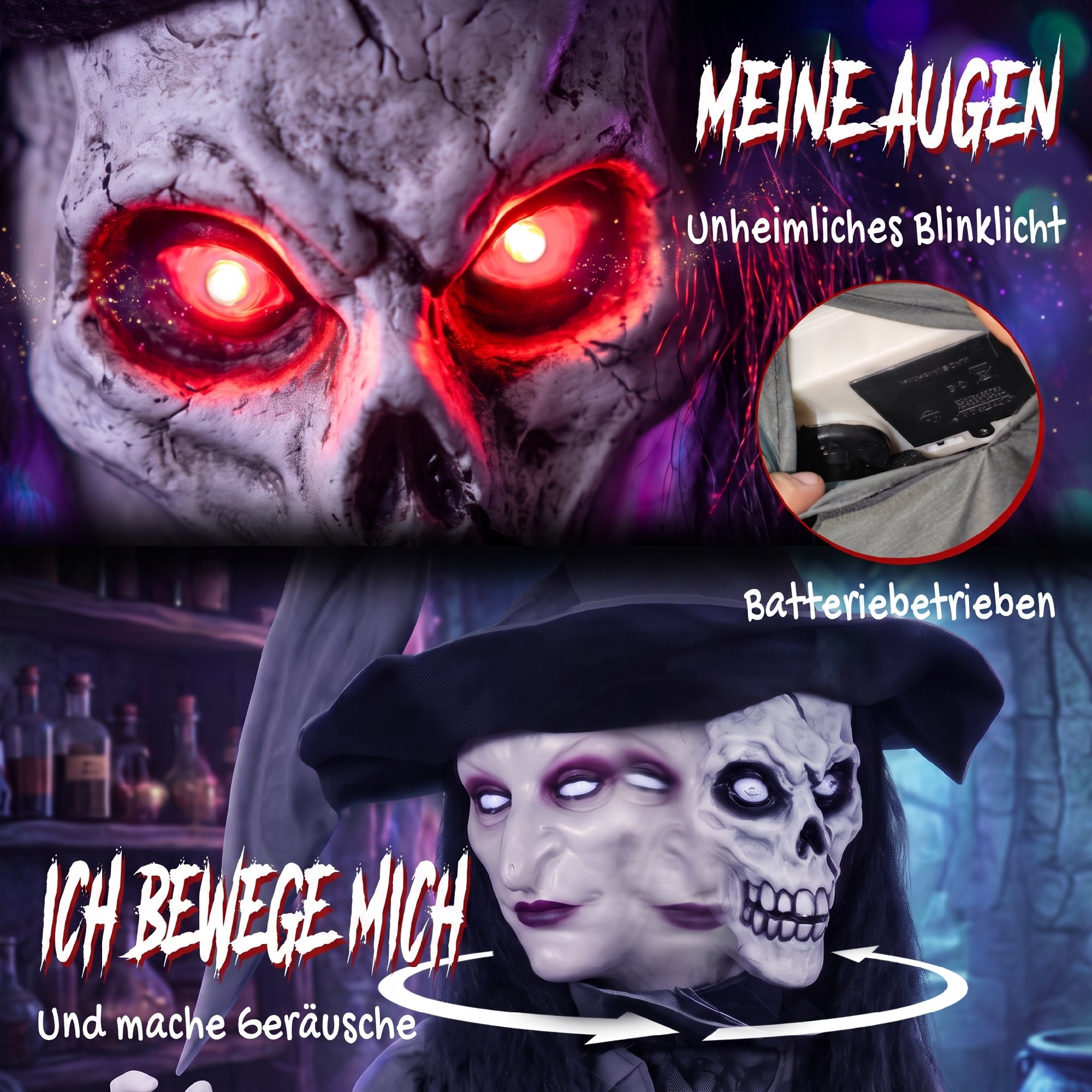 180 cm Halloween Animierte Hexe Dekoration Lebensgroß mit leuchtenden Augen, Gruseliger Sound, Berührungsaktivierung