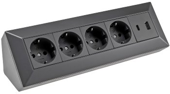 4-fach Steckdosenblock, USB-A+C, schwarz / 250V~/ 16A, Aufbaumontage, USB 3,1A, PD