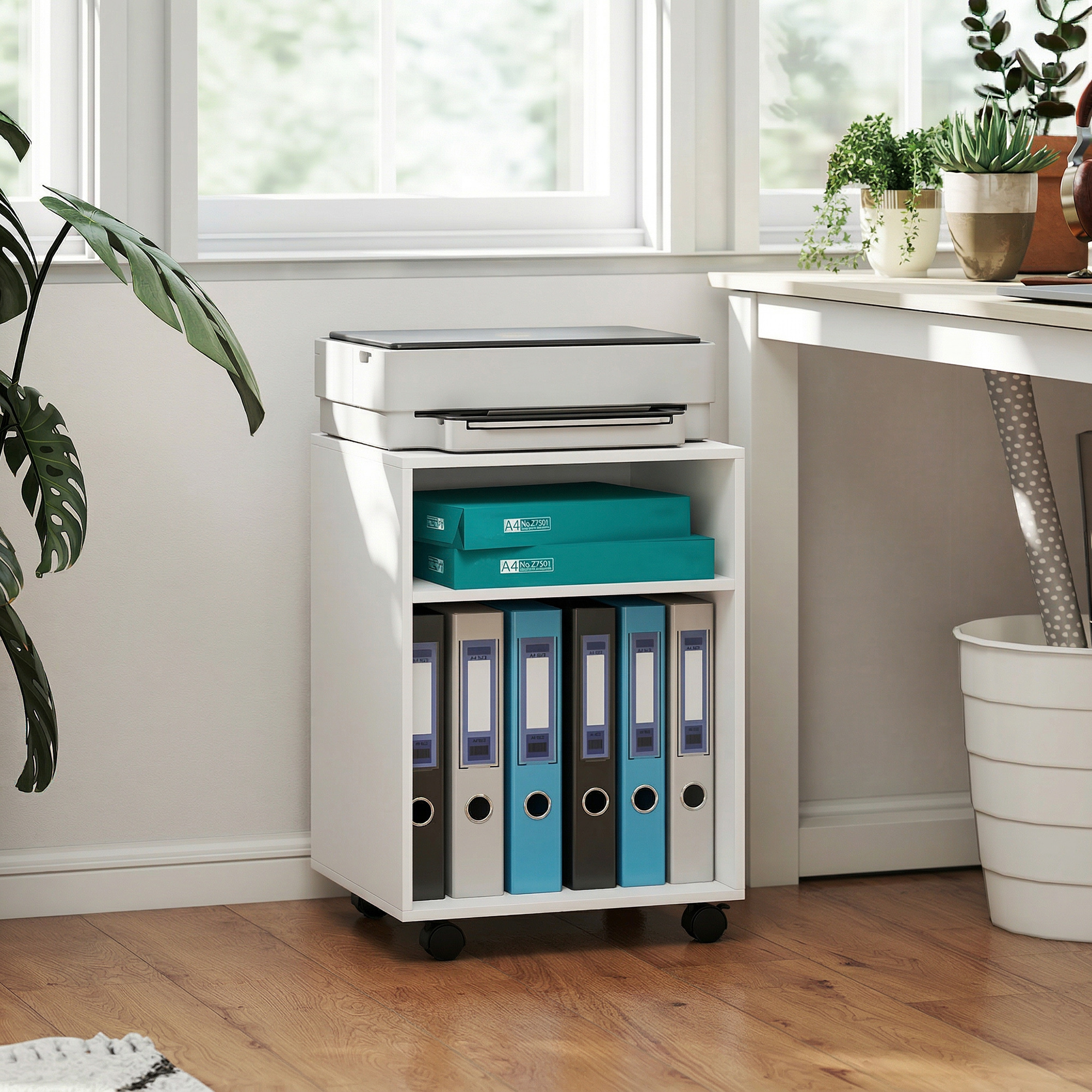 Druckerständer Druckertisch mit 2 offenem Regal feststellbaren Rollen für Büro Zuhause Fax Scanner 40 x 35 x 56 cm Weiß