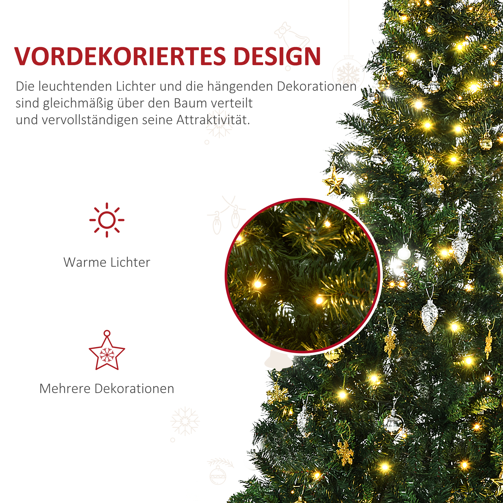 Künstlicher Weihnachtsbaum 180 cm künstlich Tannenbaum mit LED Beleuchtung, Kugeln, Christbaum mit 745 Spitzen, Weihnachtsdeko inkl. Metallständer für Drinnen