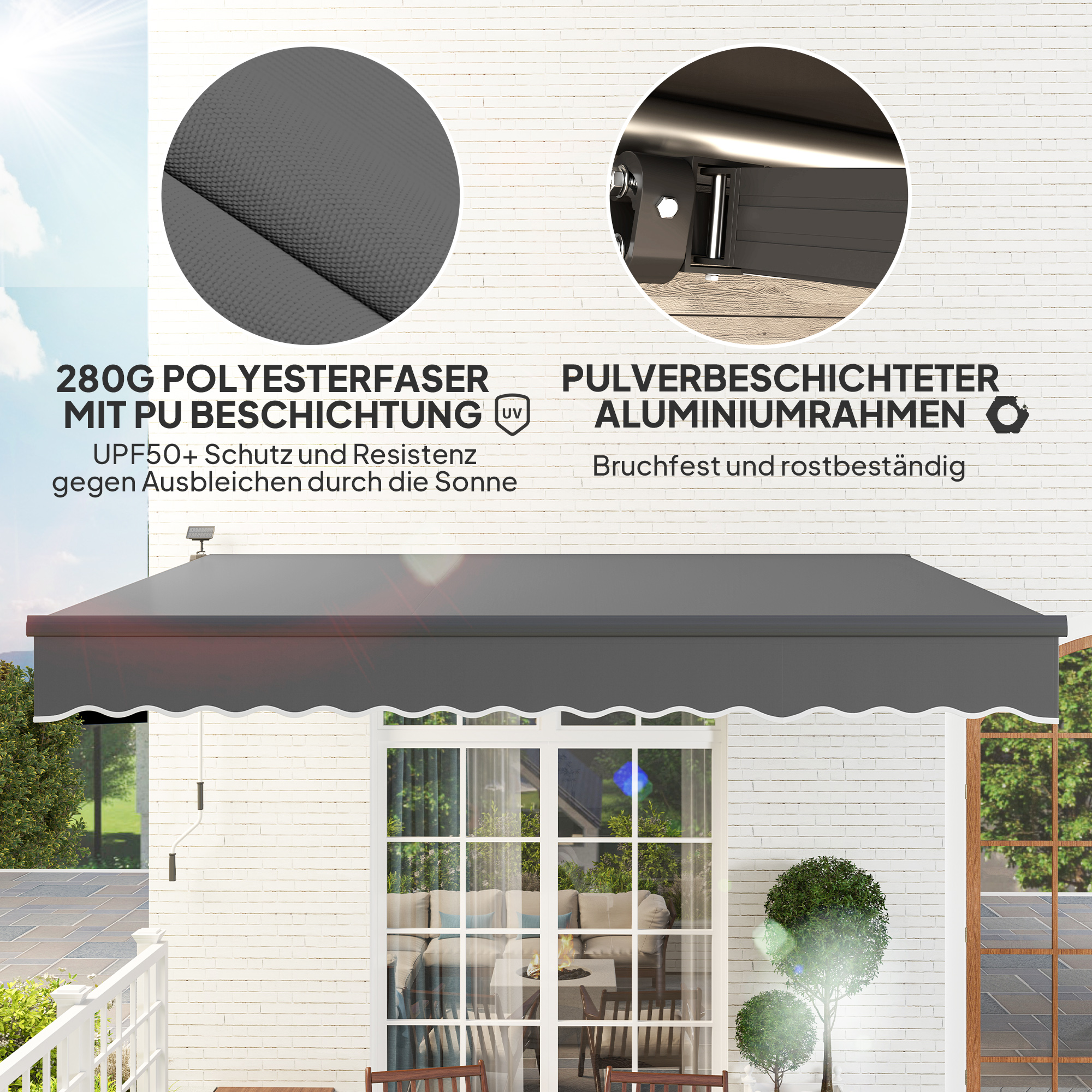 Klemmmarkise mit Handkurbel Solar-Lichte Gelenkarmmarkise Markise Sonnenschutz UV 50+ 400 cm breit Grau