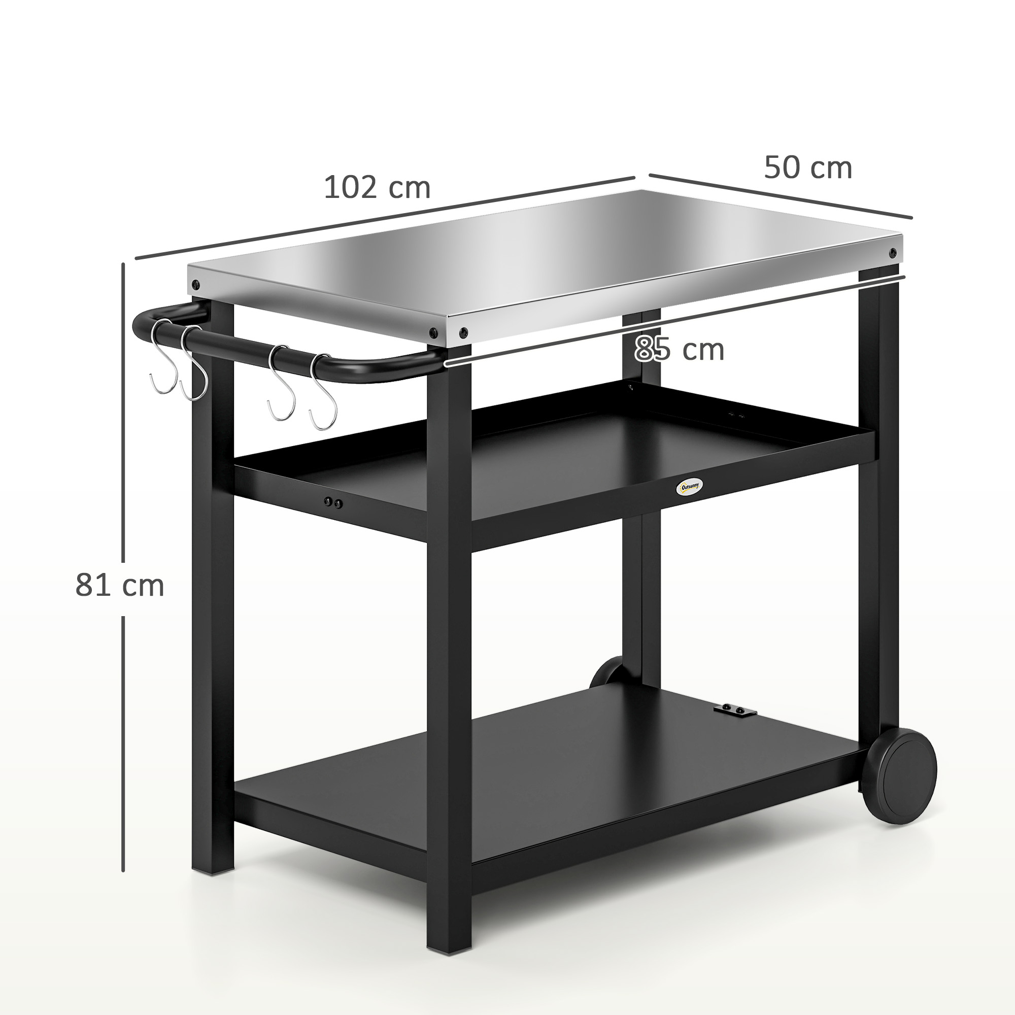 Grillwagen 3-Etagen Servierwagen mit Arbeitsfläche Ablagen Haken Räder, Edelstahl 102x50x81cm Kohlegrau