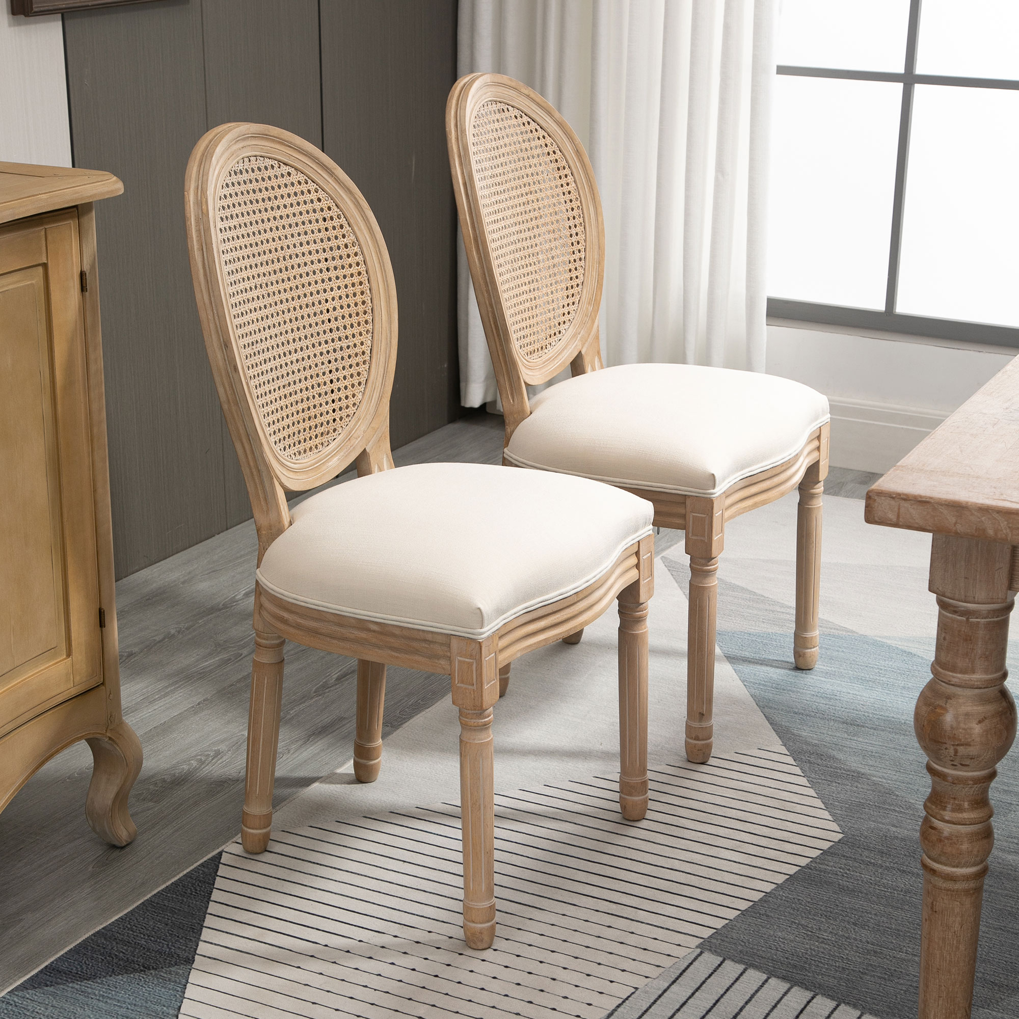 2er-Set Küchenstühle Polsterstühle Wienergeflecht, Massivholz, 49 cm x 56 cm x 96 cm, Cremeweiß +Natur