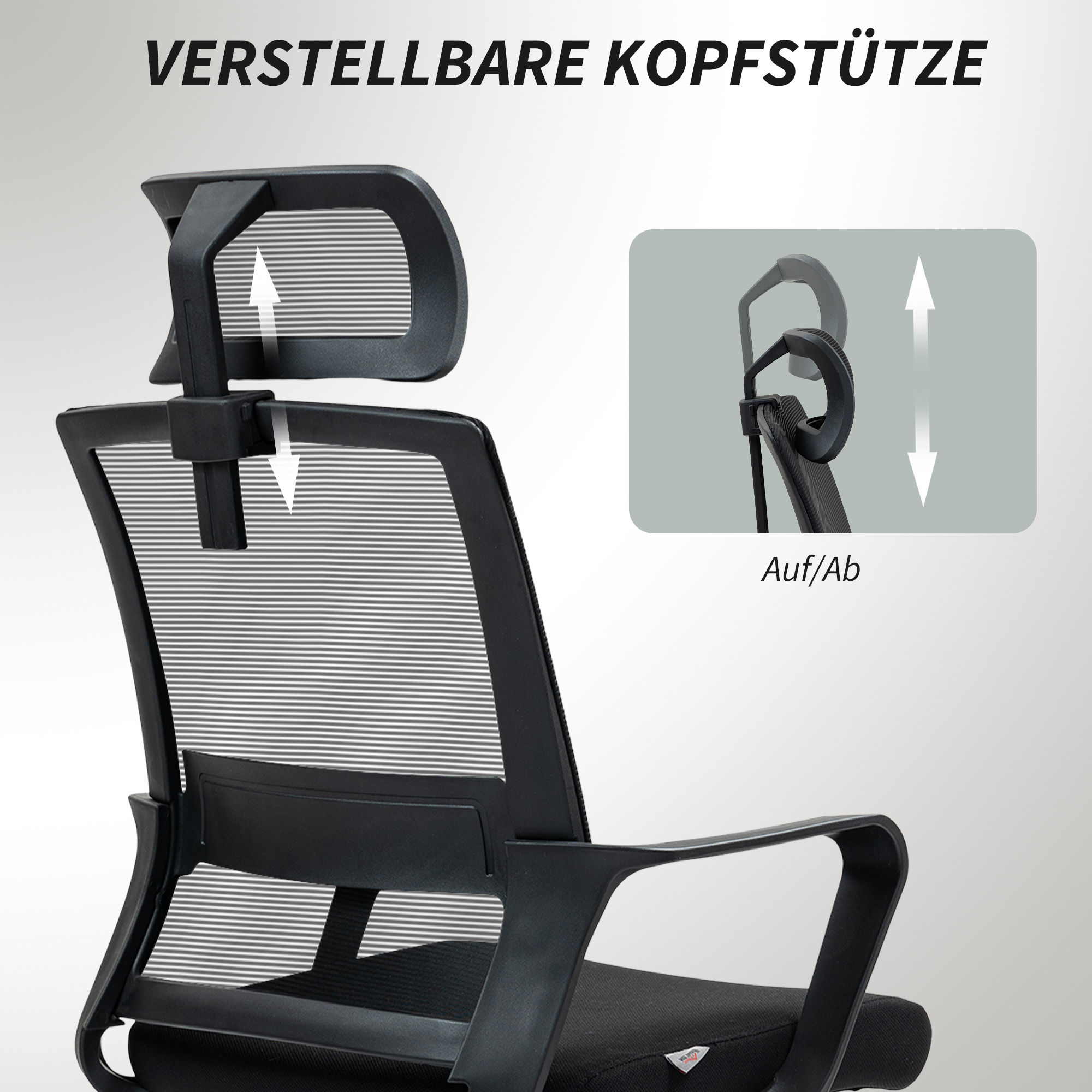 Bürostuhl, Verstellbarer Schreibtischstuhl mit Kopfstütze, Drehstuhl für Homeoffice, Büro, Schwarz