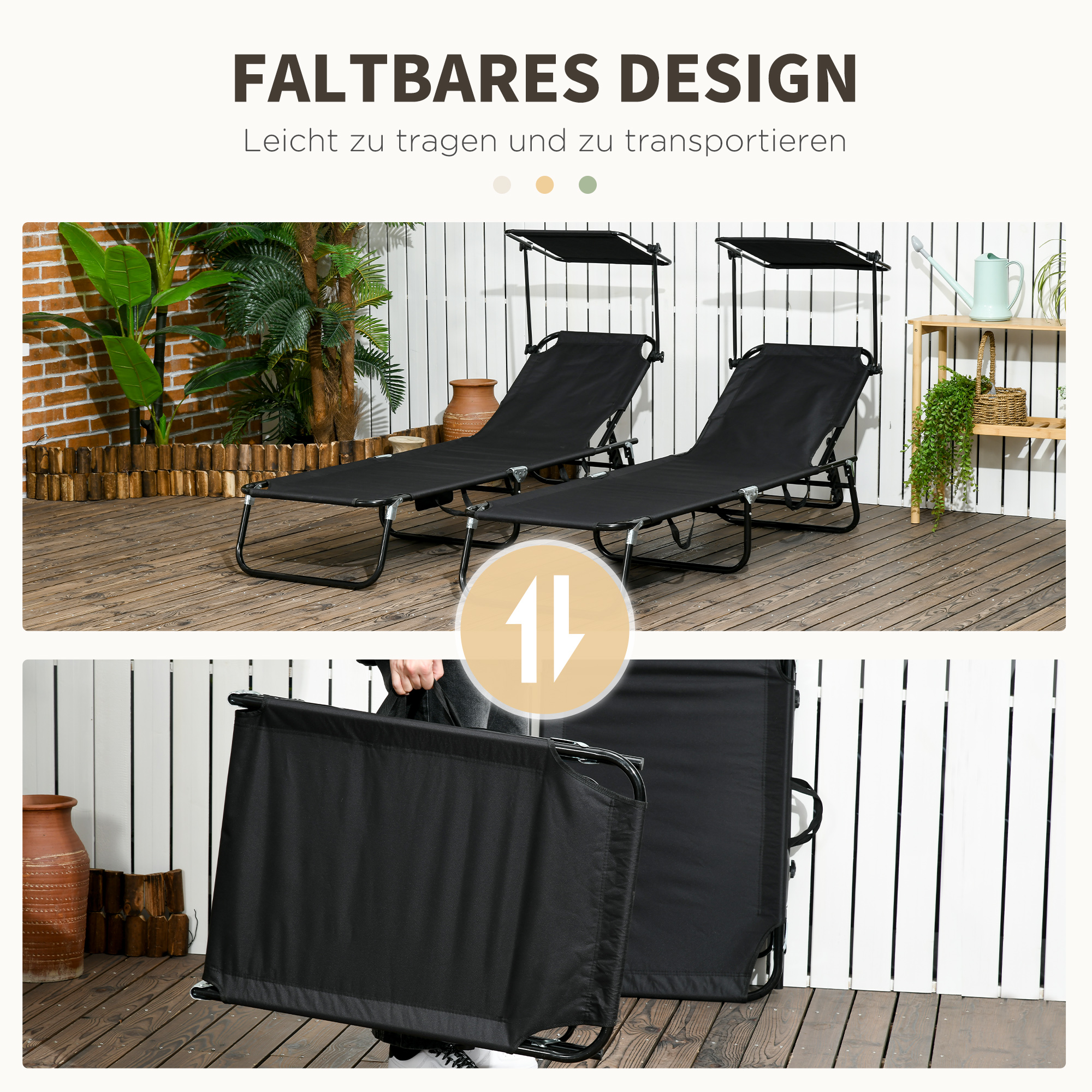 2er Set Sonnenliege klappbar Gartenliege mit Sonnendach 5-Fach höhenverstellbarer Rückenlehne Schwarz