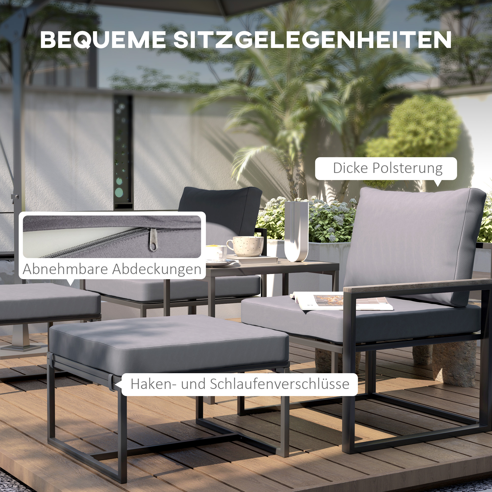 Stahl Gartenmöbel Set 2 Personen wetterfest Balkonmöbel-Set mit 2 Sessel Sitzkissen Beistelltisch Grau