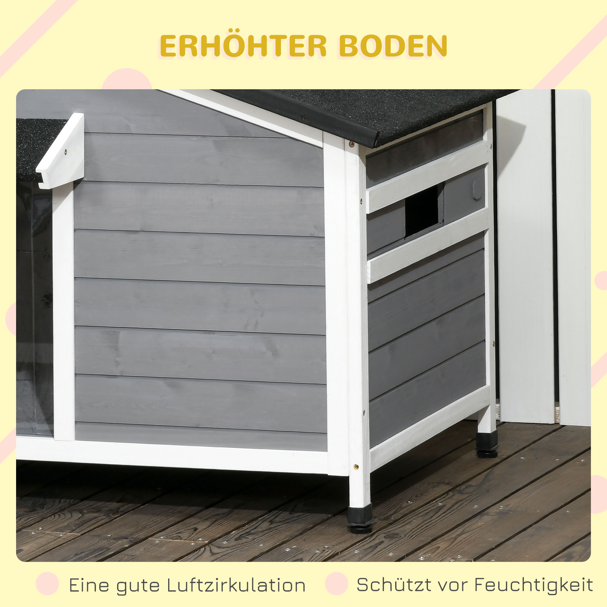 Hundehütte aus Massivholz, wetterbeständig, Asphaltdach, abnehmbarer Boden, 109 cm x 79 cm x 72 cm, Grau + Weiß