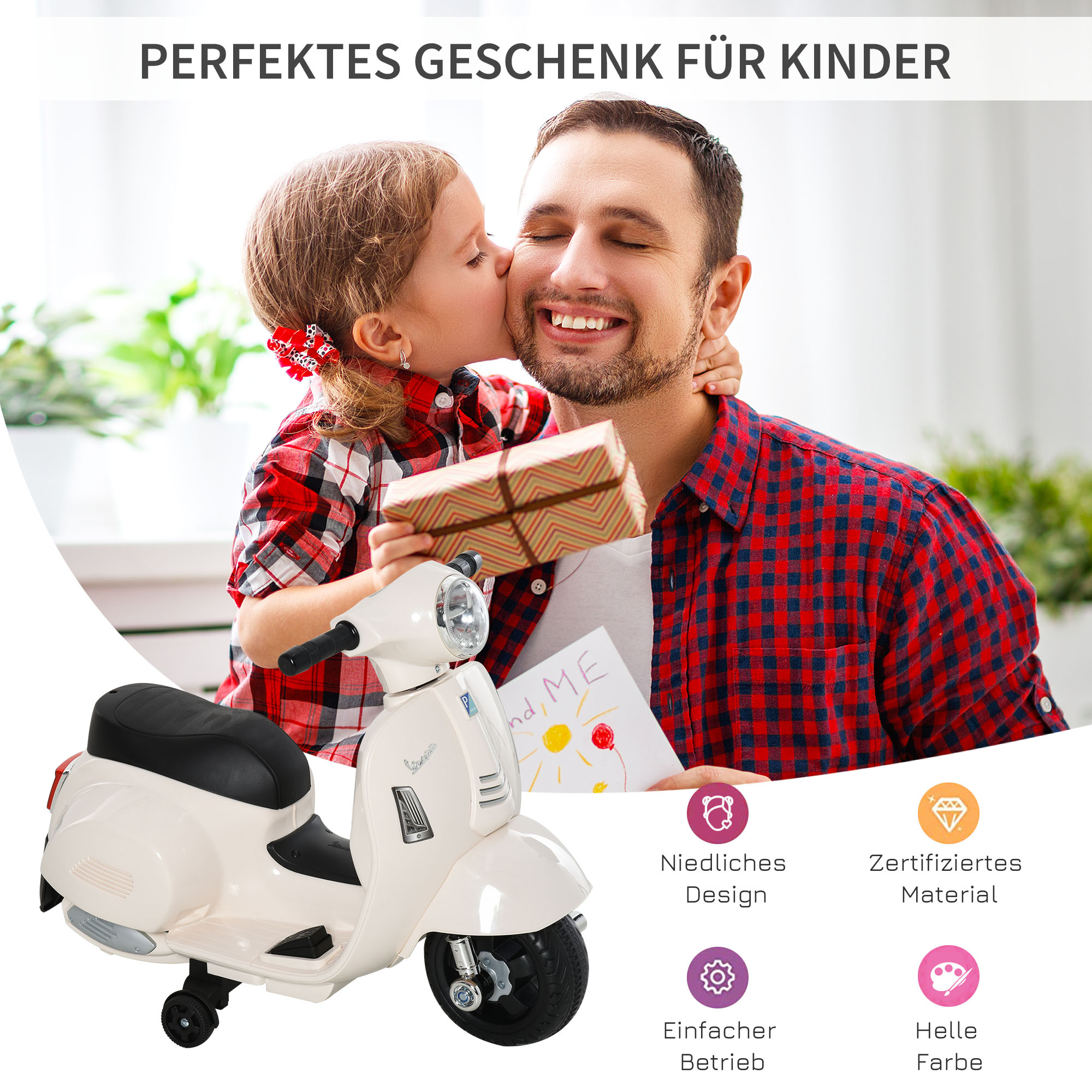 Elektro Kindermotorrad Vespa Elektromotorrad mit LED-Licht, Sound, Kinder Elektro Motorrad für Kinder von 18-36 Monate Weiß