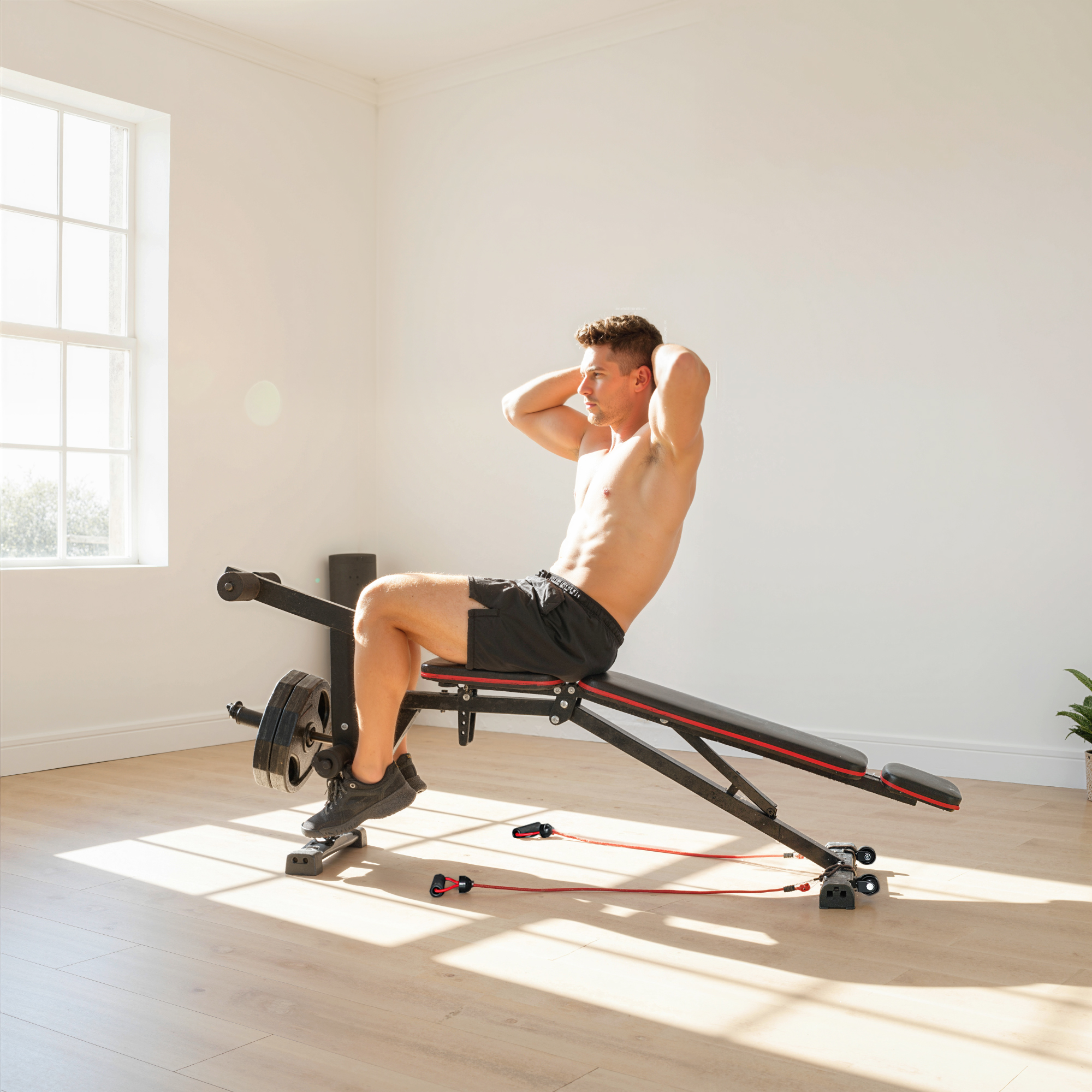 Hantelbank verstellbar bis 300 kg 3 in 1 Trainingsbank mit Rollen Beinstrecker Curlpult Kopfstütze Widerstandsbändern