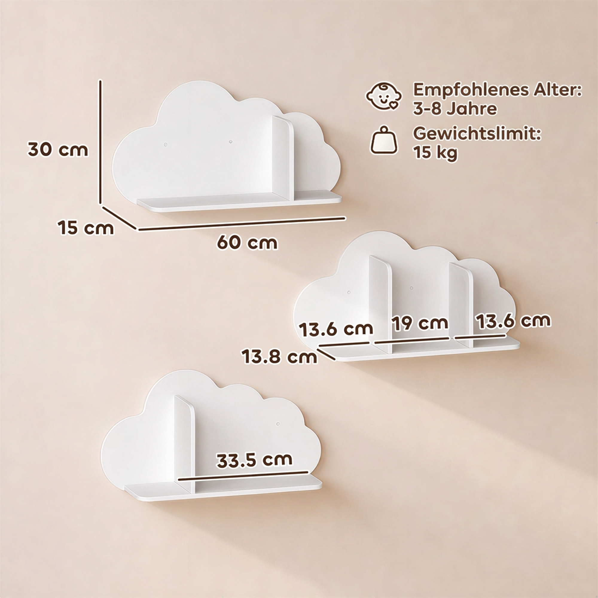3er Set Wandregal Kinder 60cm Wand Bücherregal im Wolkenform Schwebende Bücherregal Montessori für 3–8 Weiß