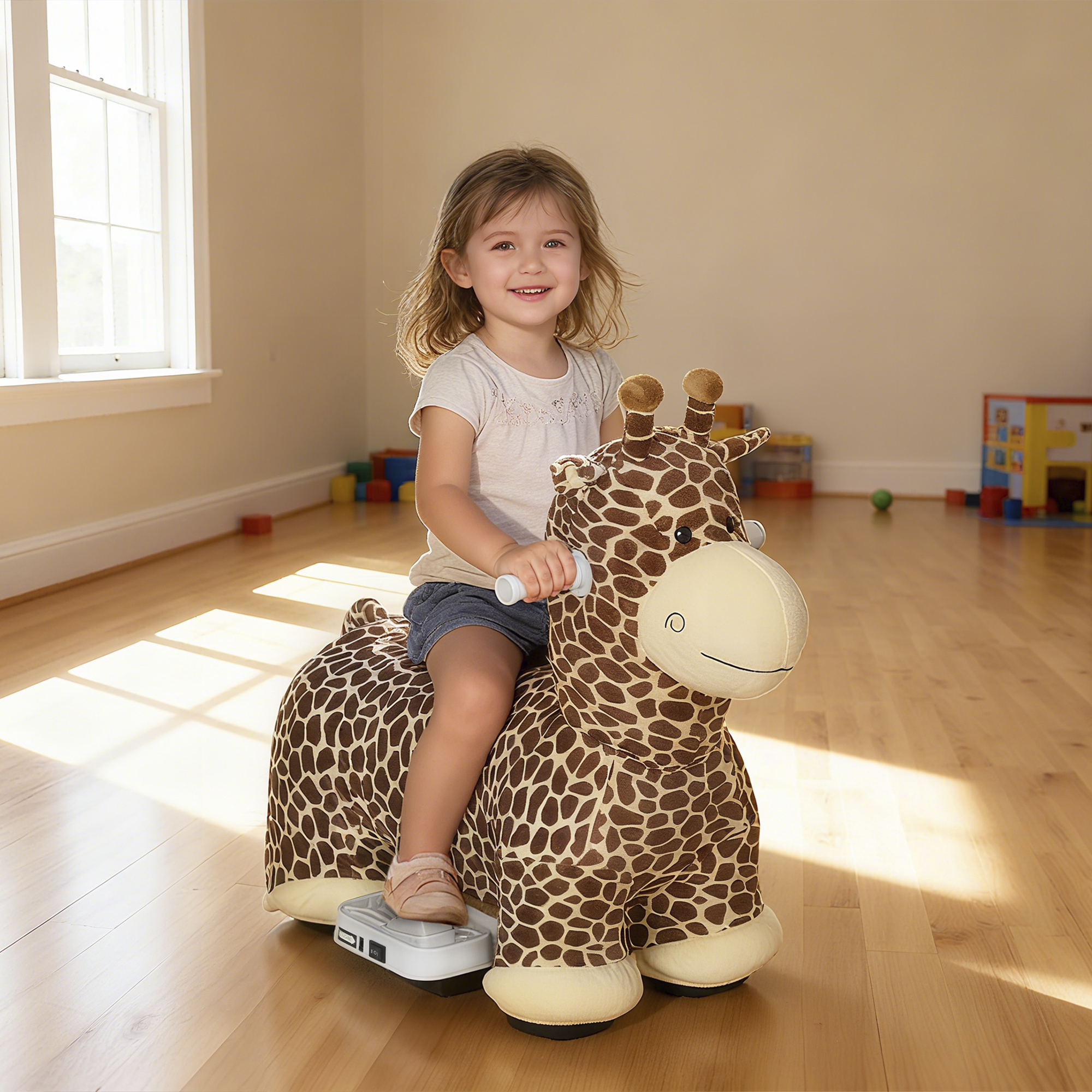 Giraffe zum Reiten, fahrendes Reitpferd in Giraffenform, Batteriebetrieb, waschbarer Bezug, Pedale, leise Räder, Musik, 1,5-5 Jahre, Braun