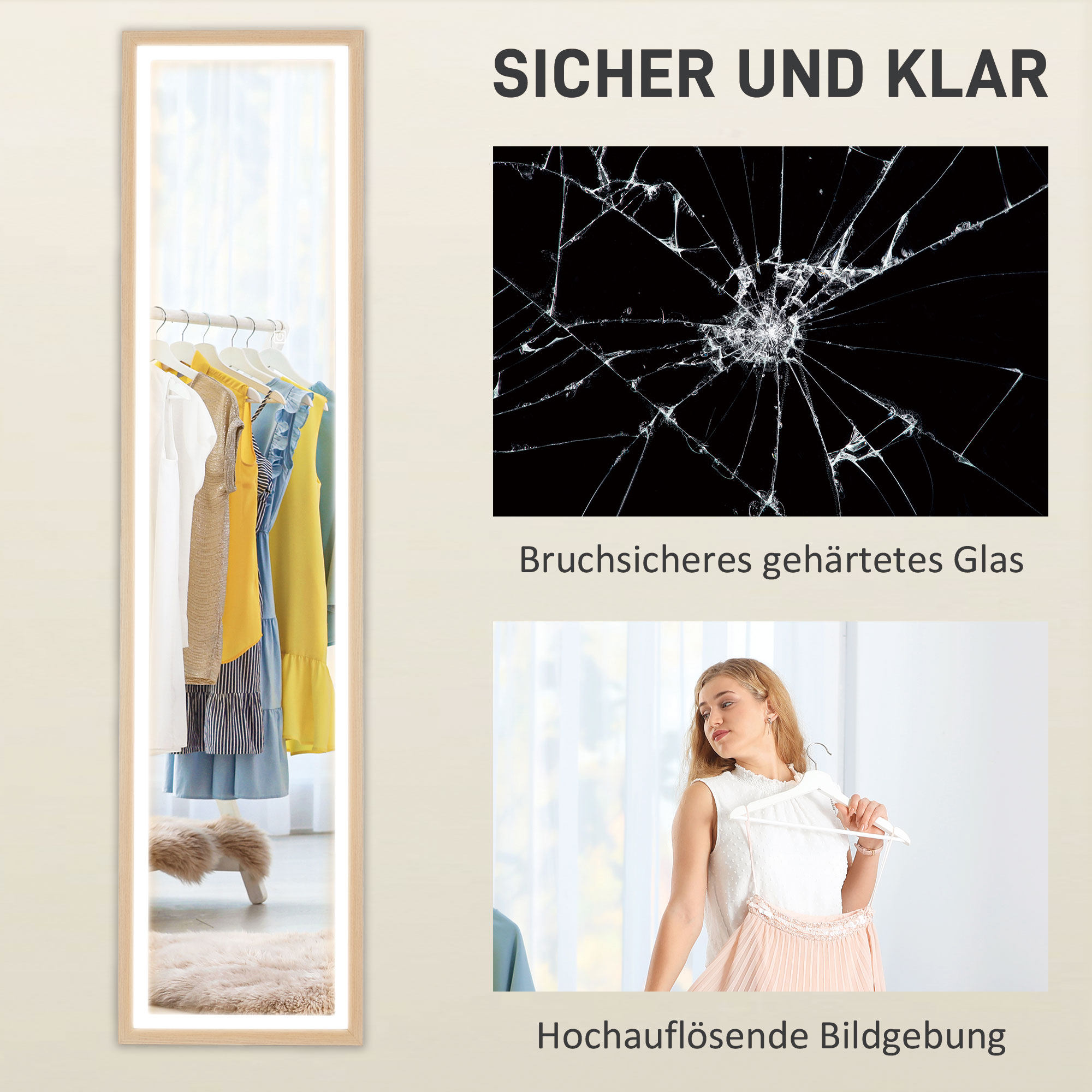 LED Ganzkörperspiegel, 40 x 160 cm, Touch-Steuerung, dimmbar, 3 Farben,  Eiche