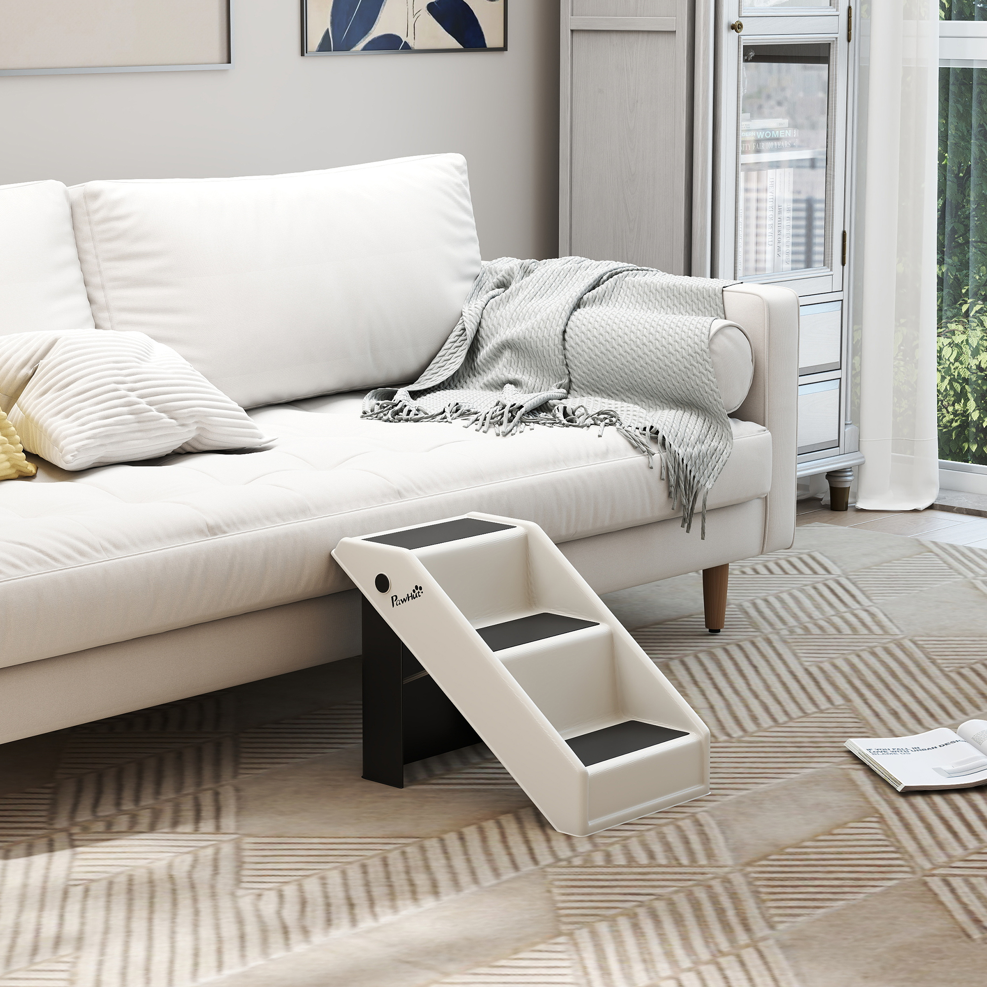 Hundetreppe 3 Stufen 36,5 cm Hoch Haustiertreppe für Kleine Hunde klappbar für Bett, Sofa, Couch Auto Cremeweiß