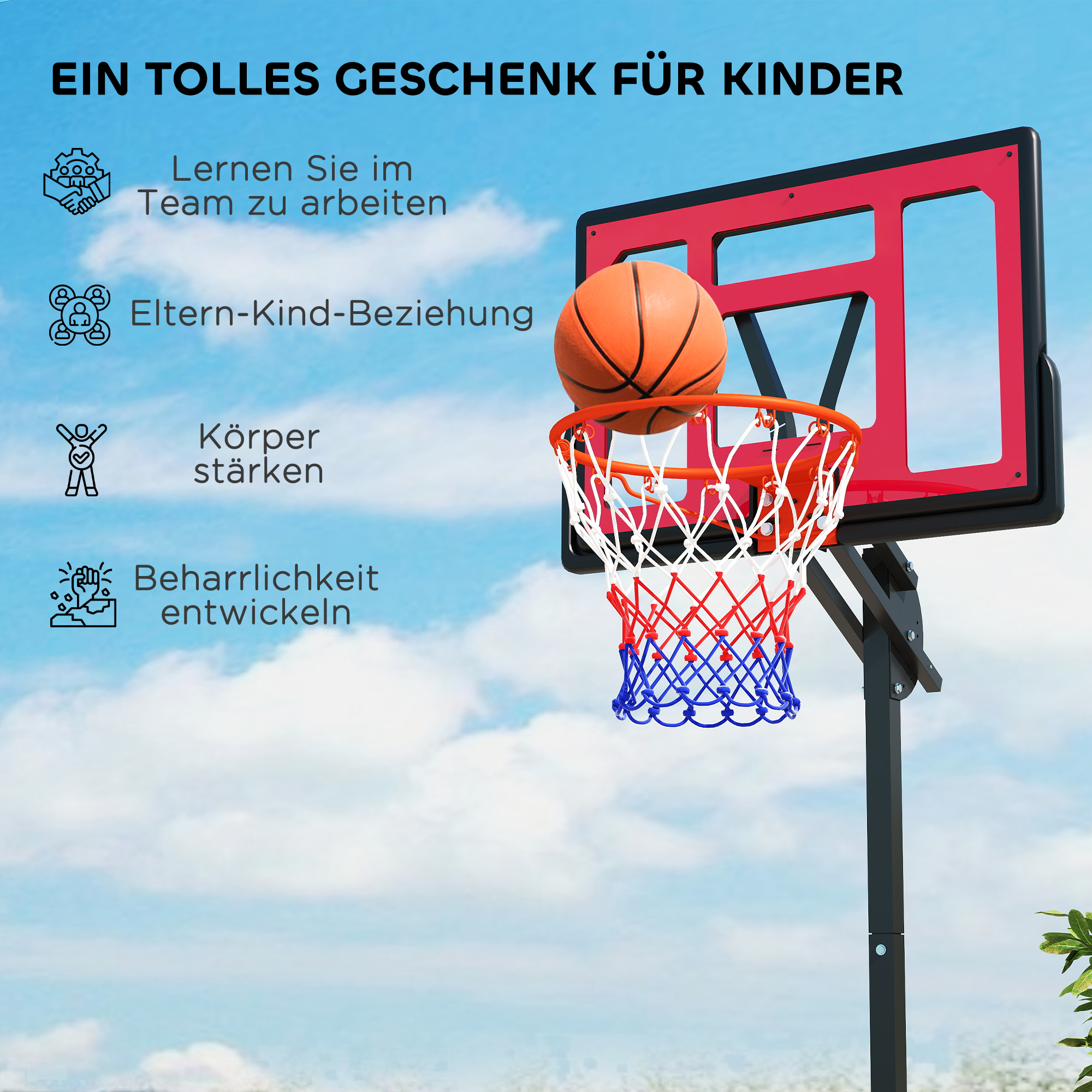 Basketballkorb, Outdoor-Basketballkorb für Jugendliche 200-260 cm höhenverstellbar, mit Rädern, Rot
