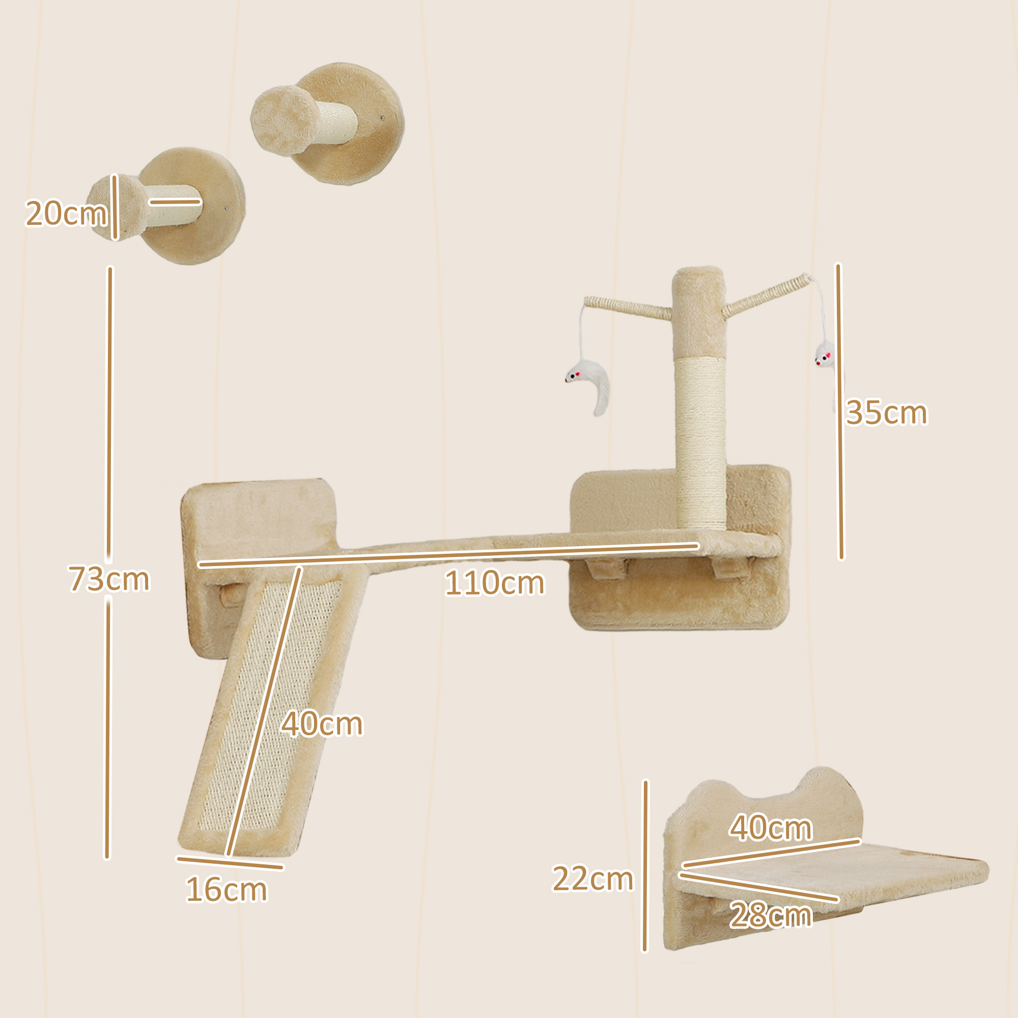 Katzen Kletterwand Set mit Kratzpfosten, Sprungplattformen und Spielbällen, zum Klettern und Ausruhen, Beige