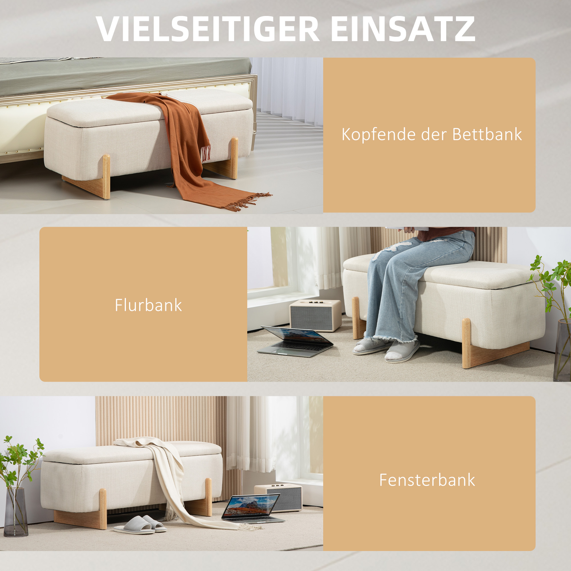 Hocker mit Stauraum, Sitzbank mit Schaumstoffpolsterung, Leinenimitat, 111 x 44 x 44,5 cm, Cremeweiß