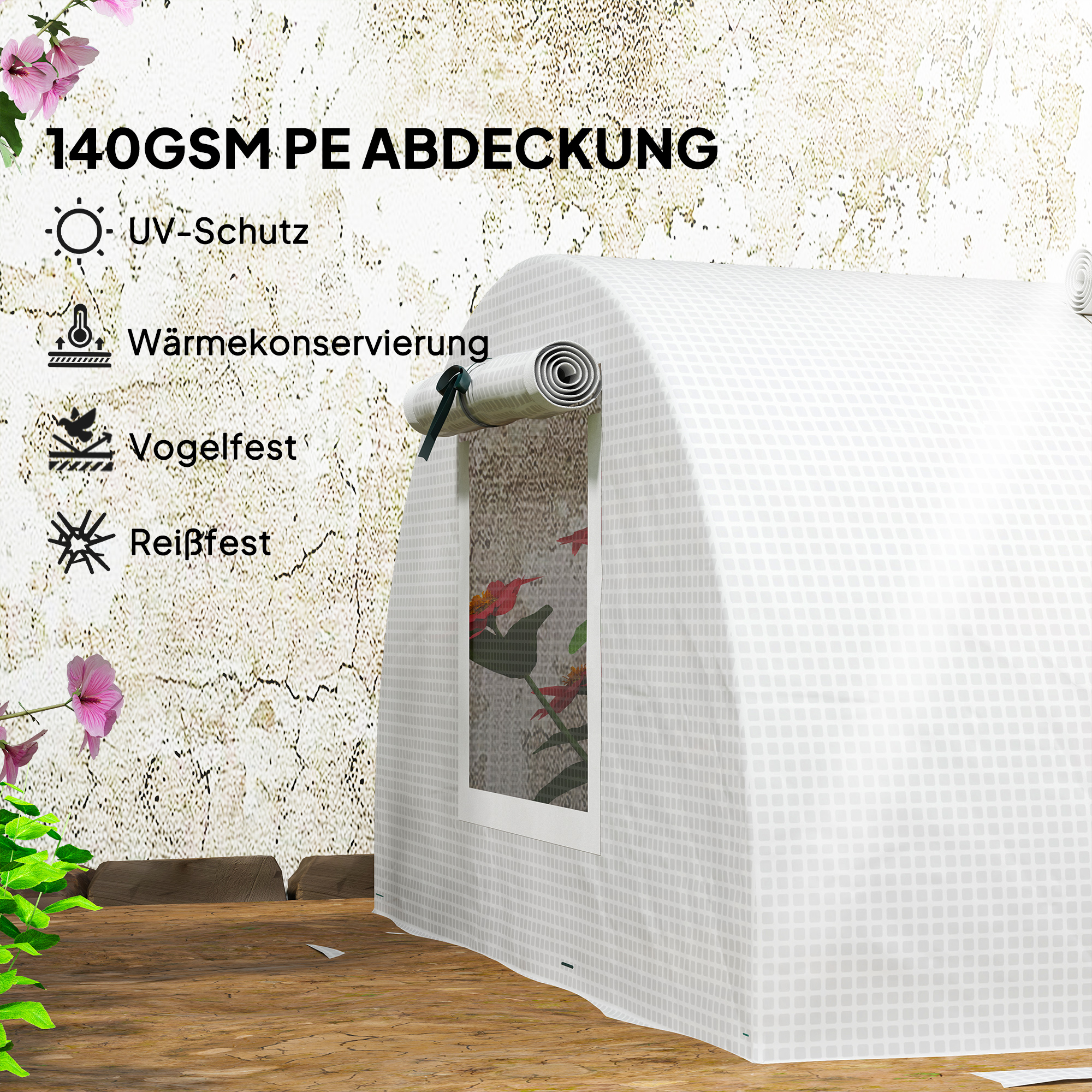 Foliengewächshaus, Mini-Tunnelgewächshaus mit Netz-Fenster, UV-beständig, Kunststoff-Folie, 300 x 80 x 45 cm, Weiß