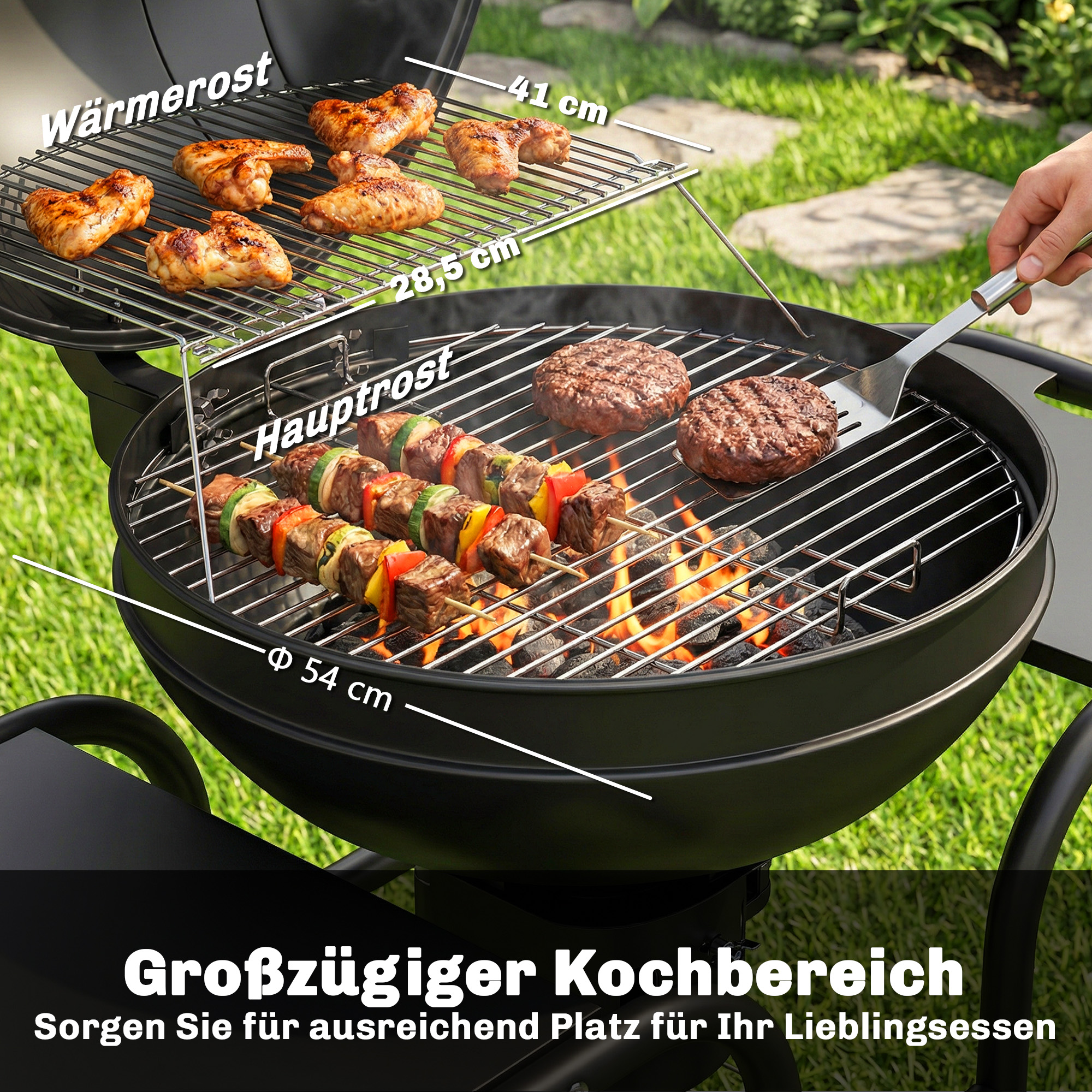 Holzkohlegrill BBQ Smoker mit Seitentischen Deckel Thermometer Räder 129 x 63,5 x 106,5 cm