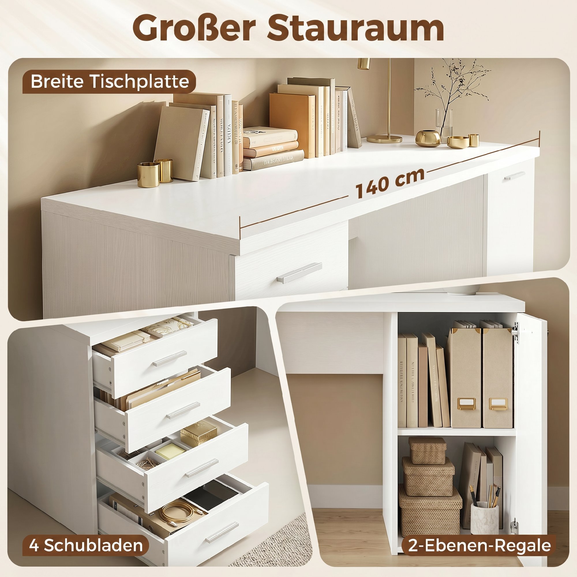 Computertisch mit 4 Schubladen und Schrank, 140 cm Schreibtisch für Arbeitszimmer, Weiß Holzoptik