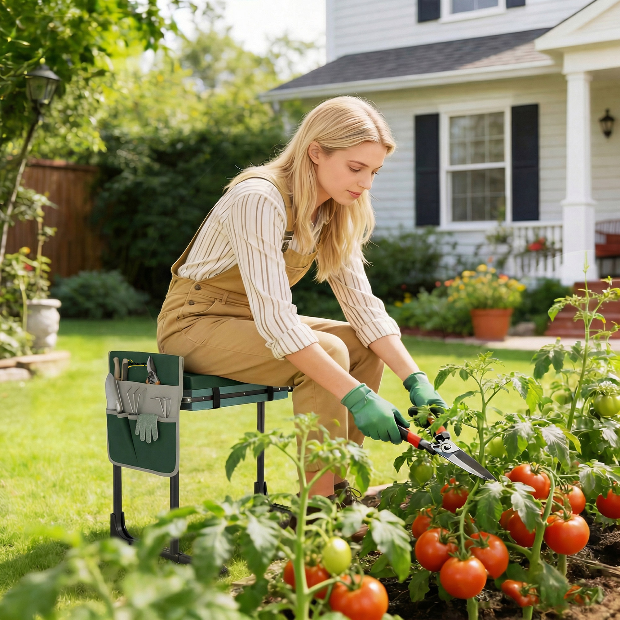 Gartenkniepolster und Sitz, 150 kg Tragkraft, Gartenhocker mit dick gepolstertem Kniebereich, ausziehbaren Stahlbeinen
