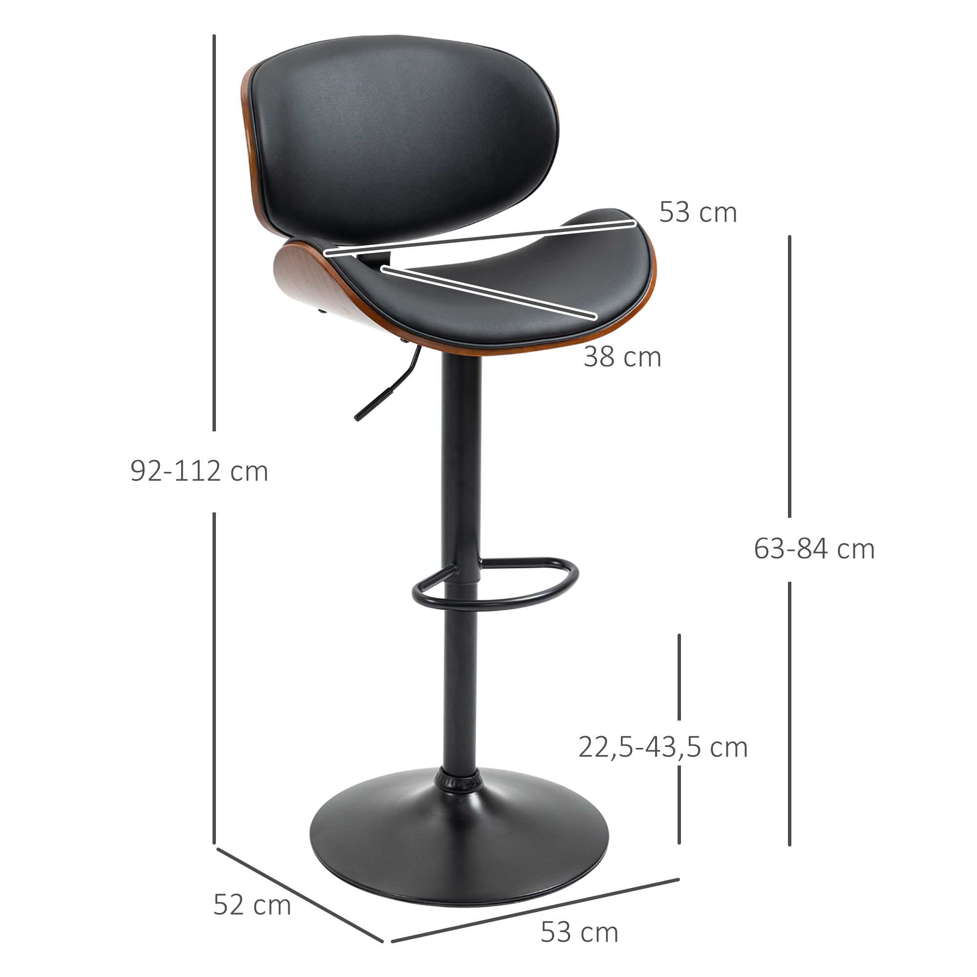 Barhocker-Set, höhenverstellbar, drehbar, Kunstleder, Stahlrahmen, schwarz, 53 x 50,5 x 112,5 cm