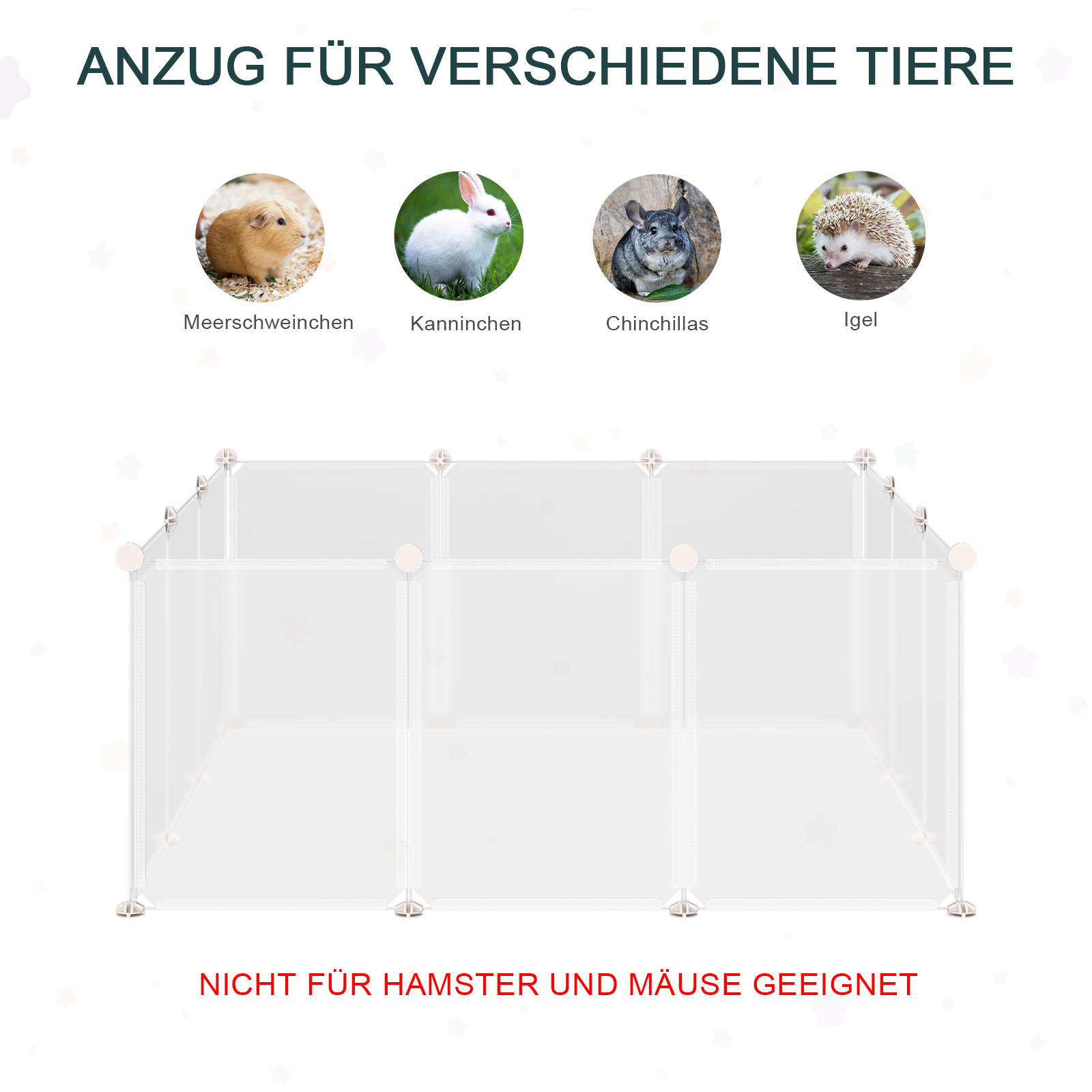 Freilaufgehege Laufgitter DIY Freigehege Gittergehege Absperrgitter Kleine Haustiere Laufstall für Innen 12 Platten Weiß Metall PP-Harz 105 x 105 x 45 cm
