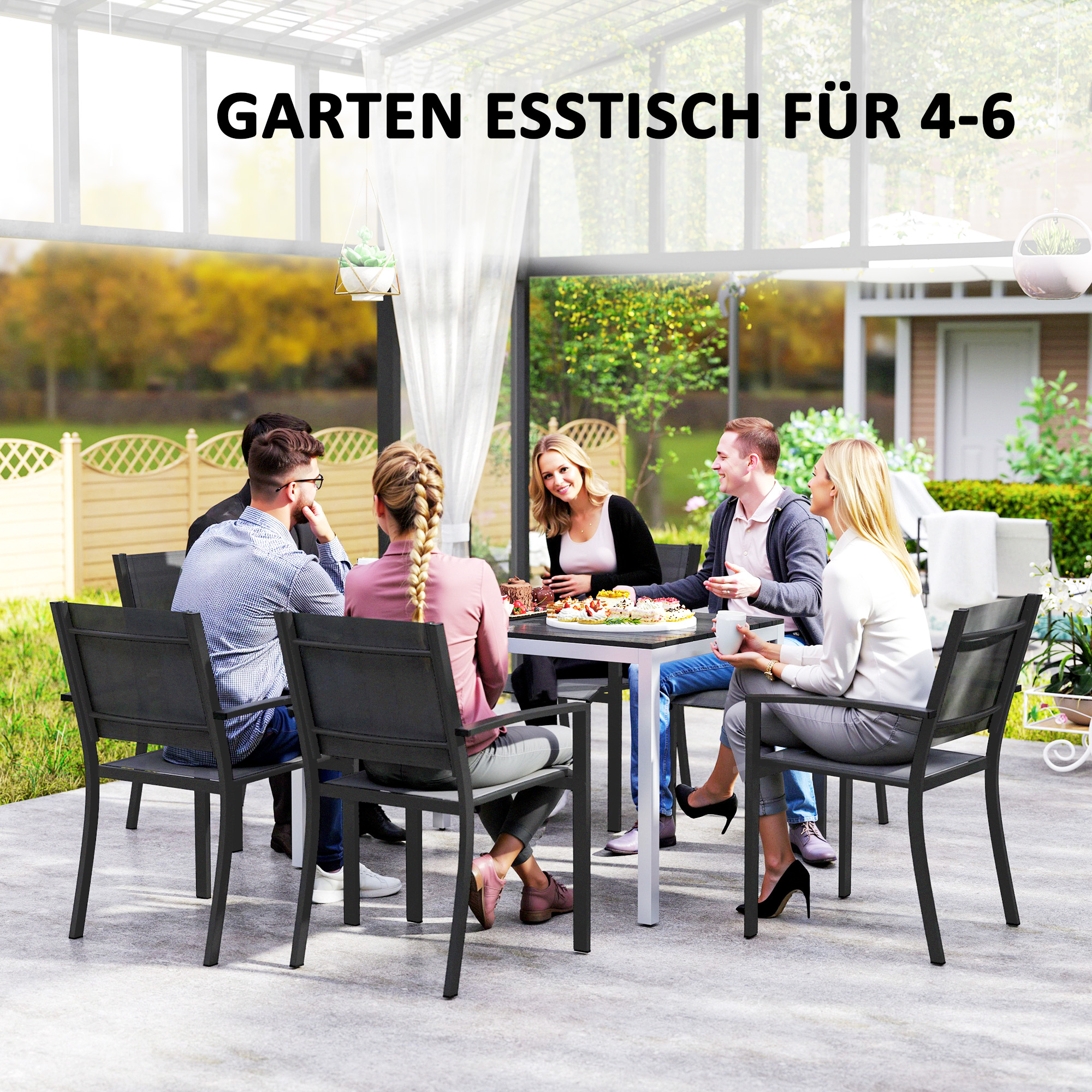 Gartentisch Aluminium 120x70 cm Wetterfest Balkontisch mit Holzoptik, für 4-6 Personen Schwarz