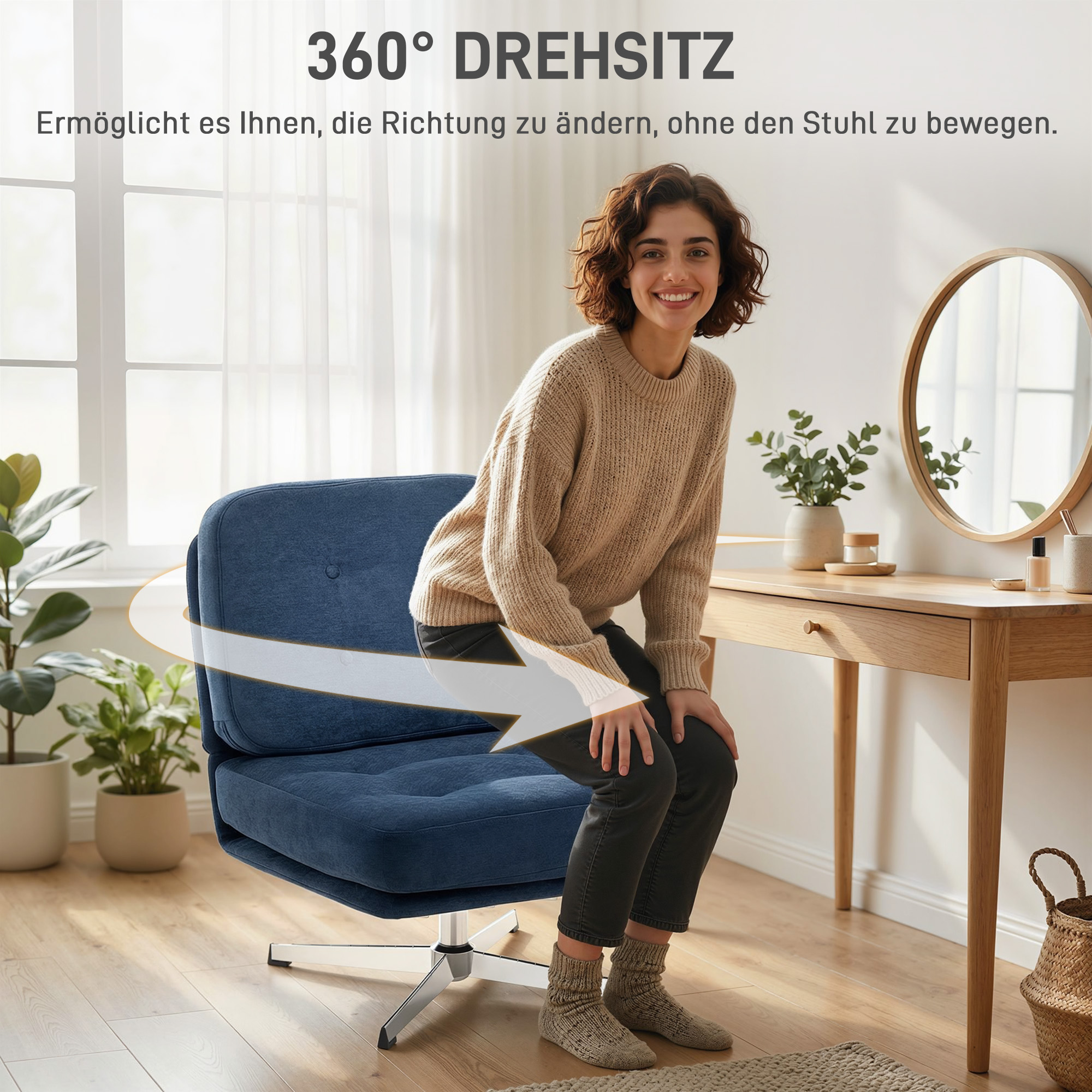 Drehbarer Akzentstuhl, gepolsterter Lesesessel mit Chenille, breitem Sitz, Federkissen und Metallbeinen, Dunkelblau