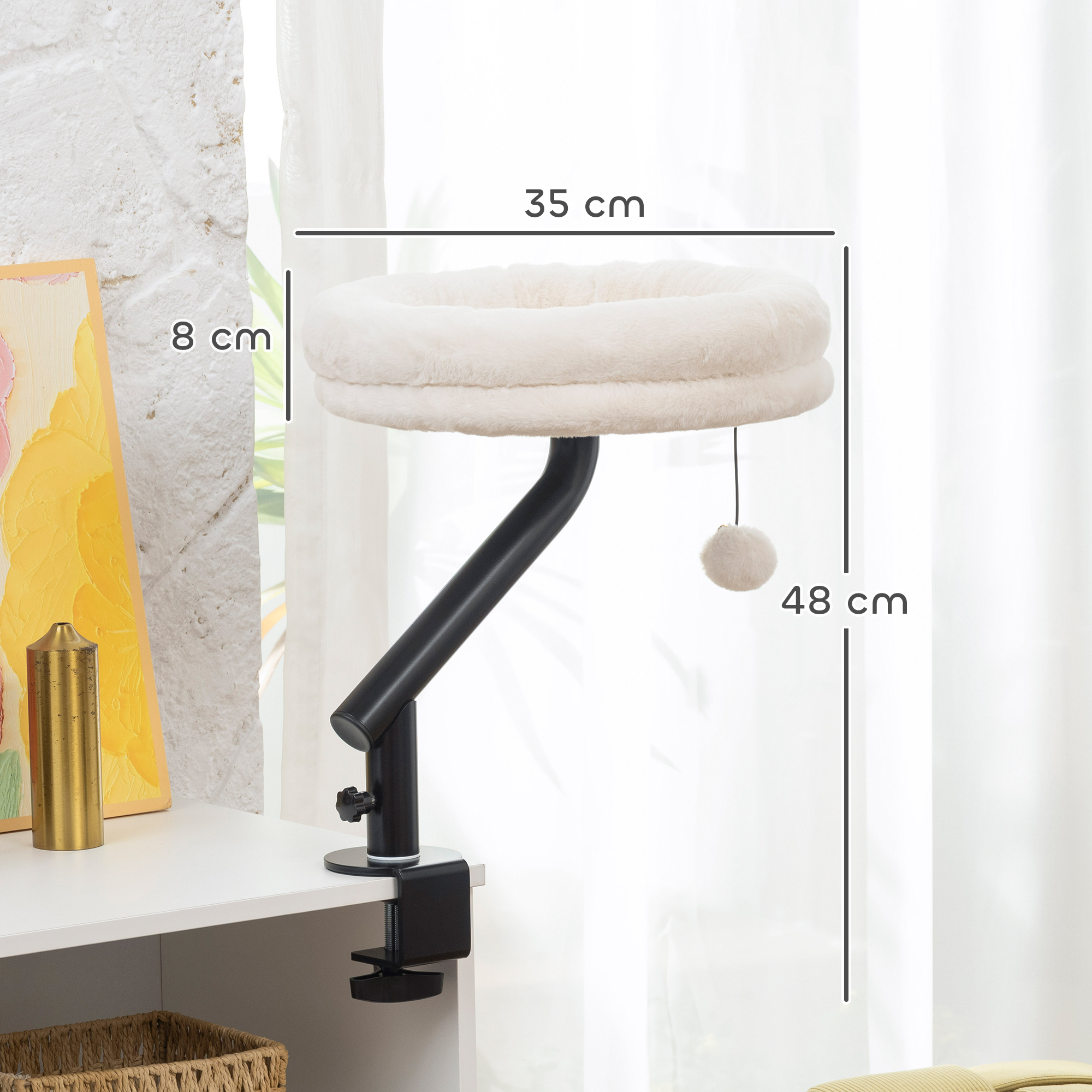 Katzen-Schreibtischbett, Katzenbett für Schreibtisch mit 360°Drehung, verstellbarer Höhe, Katzenliege mit abnehmbarem, maschinenwaschbarem Bett, für Katzen unter 6 kg, Heimbüro, Cremeweiß