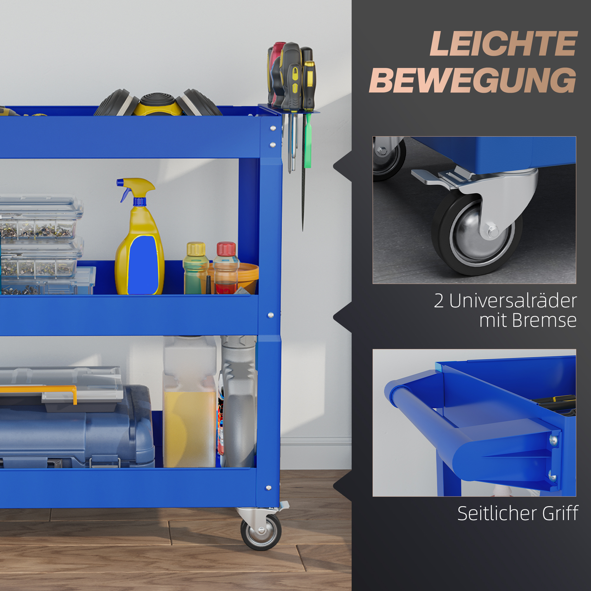 3-stufiger Werkzeugwagen, 4 Rollen, Stahl, 83B x 35,3T x 76H cm, Blau