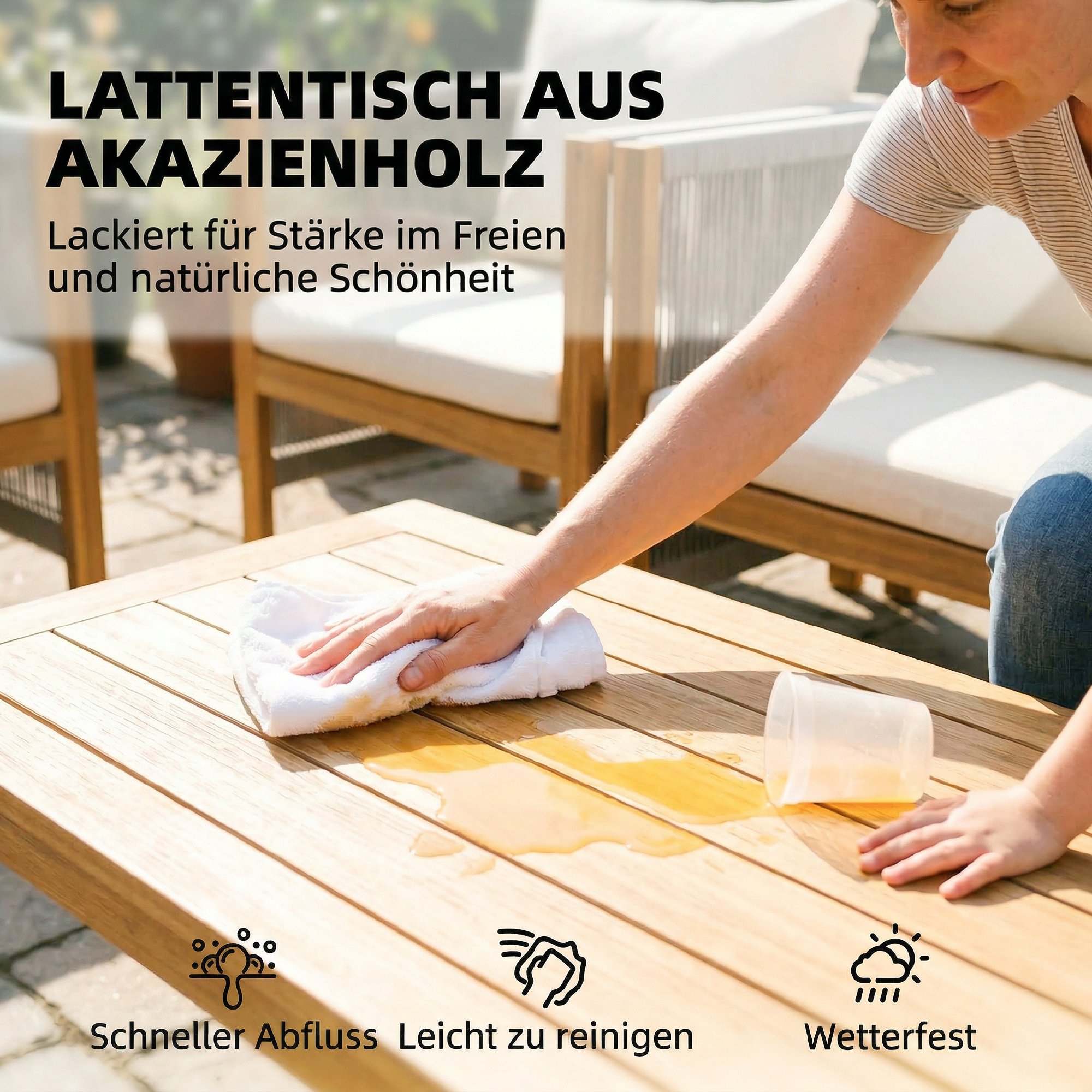 Gartenmöbel Set Holz Sitzgruppe für 4 Personen mit 2er Sofa 2 Sessel Tisch Seilflecht Lamellendesign waschbar Kissen