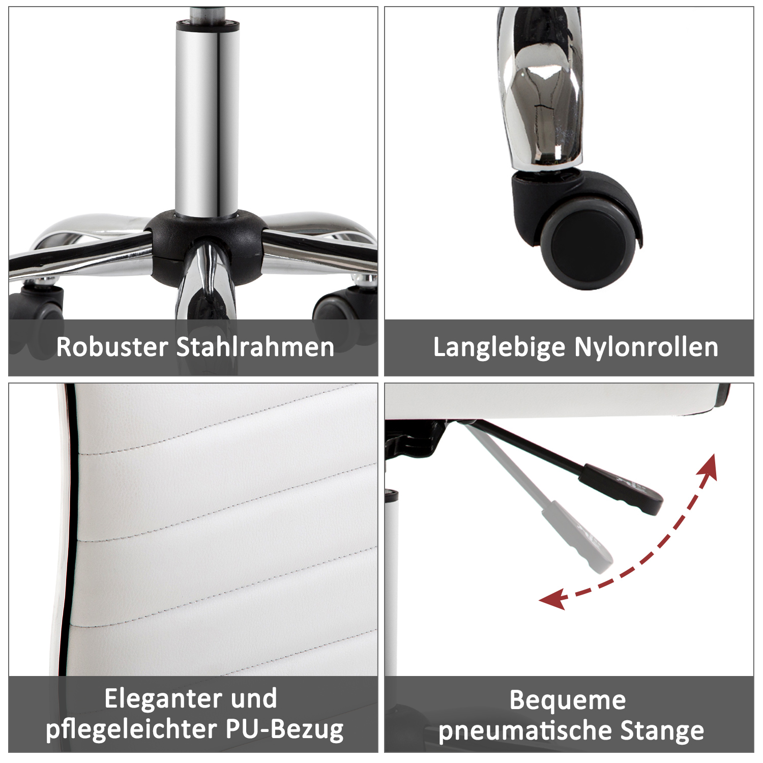 Friseurstuhl, Salonstuhl mit Rückenlehne, Höhenverstellbar, Stahl PU, Weiß, 48 x 52 x 78-90 cm