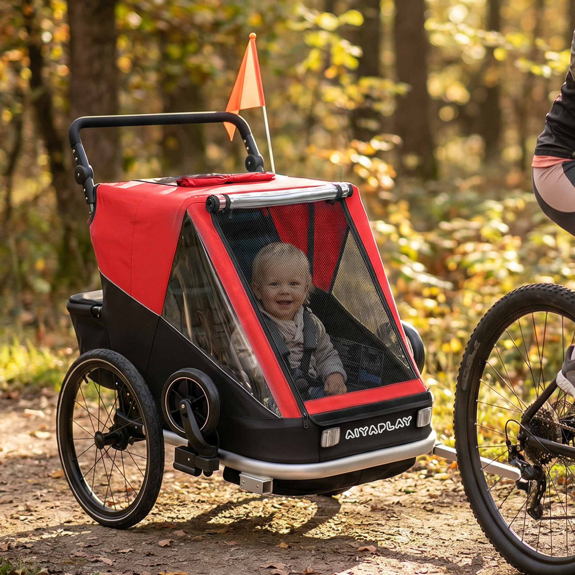 Fahrradanhänger für Kinder, 2-Sitzer, 2-in-1 faltbarer Kinderfahrradanhänger mit verstellbarem Sitz und Gurten, Rot