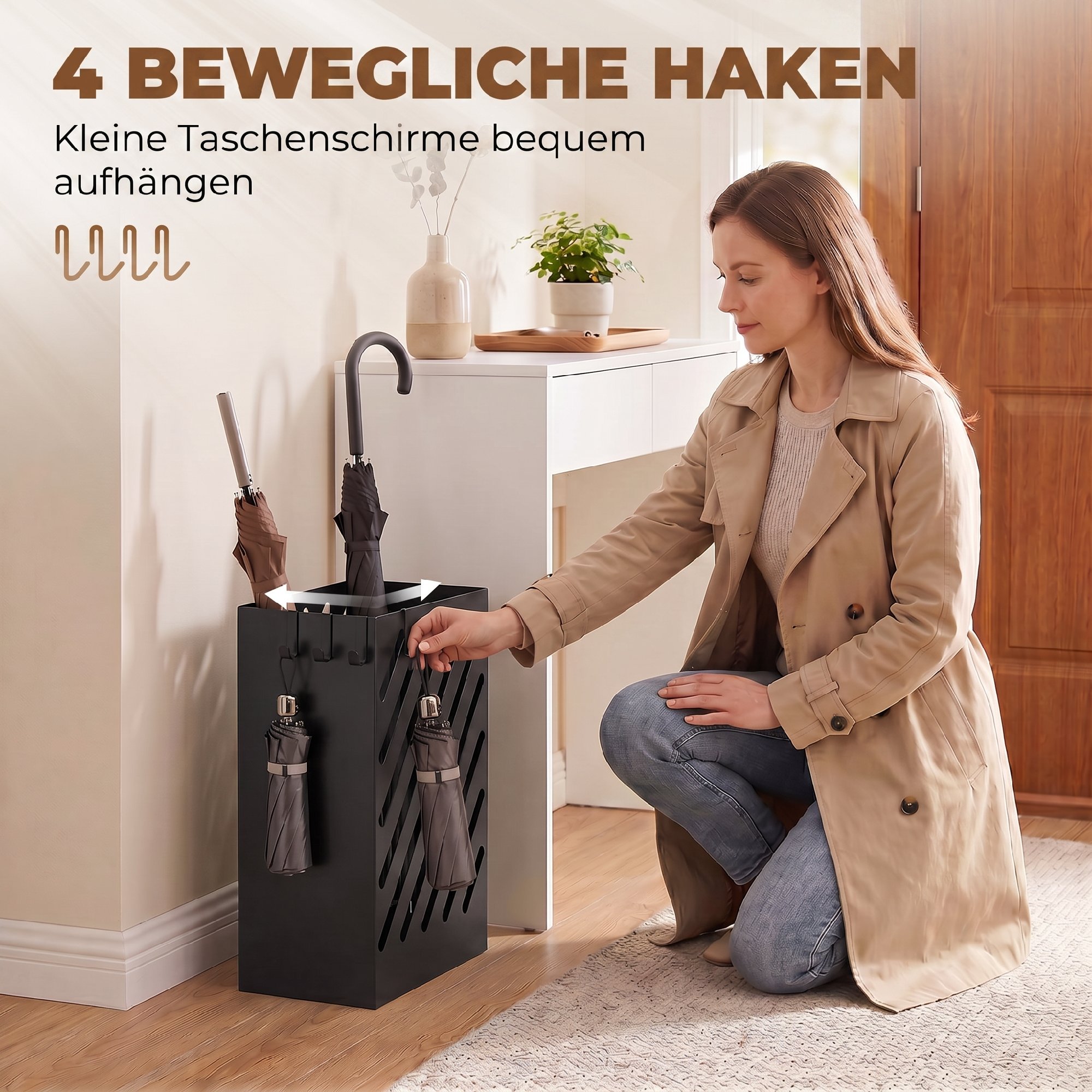 Regenschirmständer mit Tropfschale, 4 Haken, Stahl, 28L x 14B x 41H cm, Schwarz