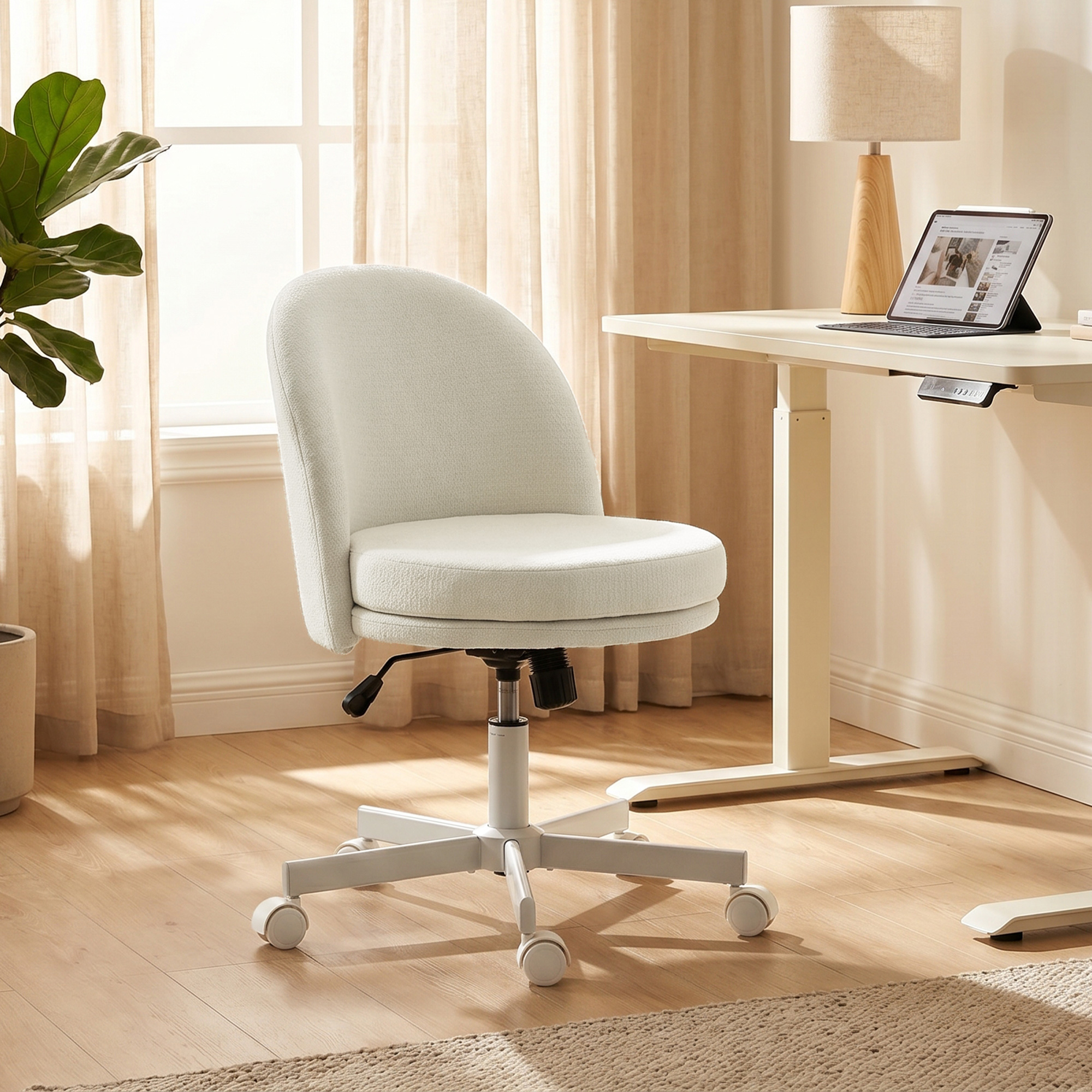 Homeoffice Stuhl Höhenverstellbar Schreibtischstuhl mit Chenille-Optik, Schminkstuhl mit Wippfunktion Creme