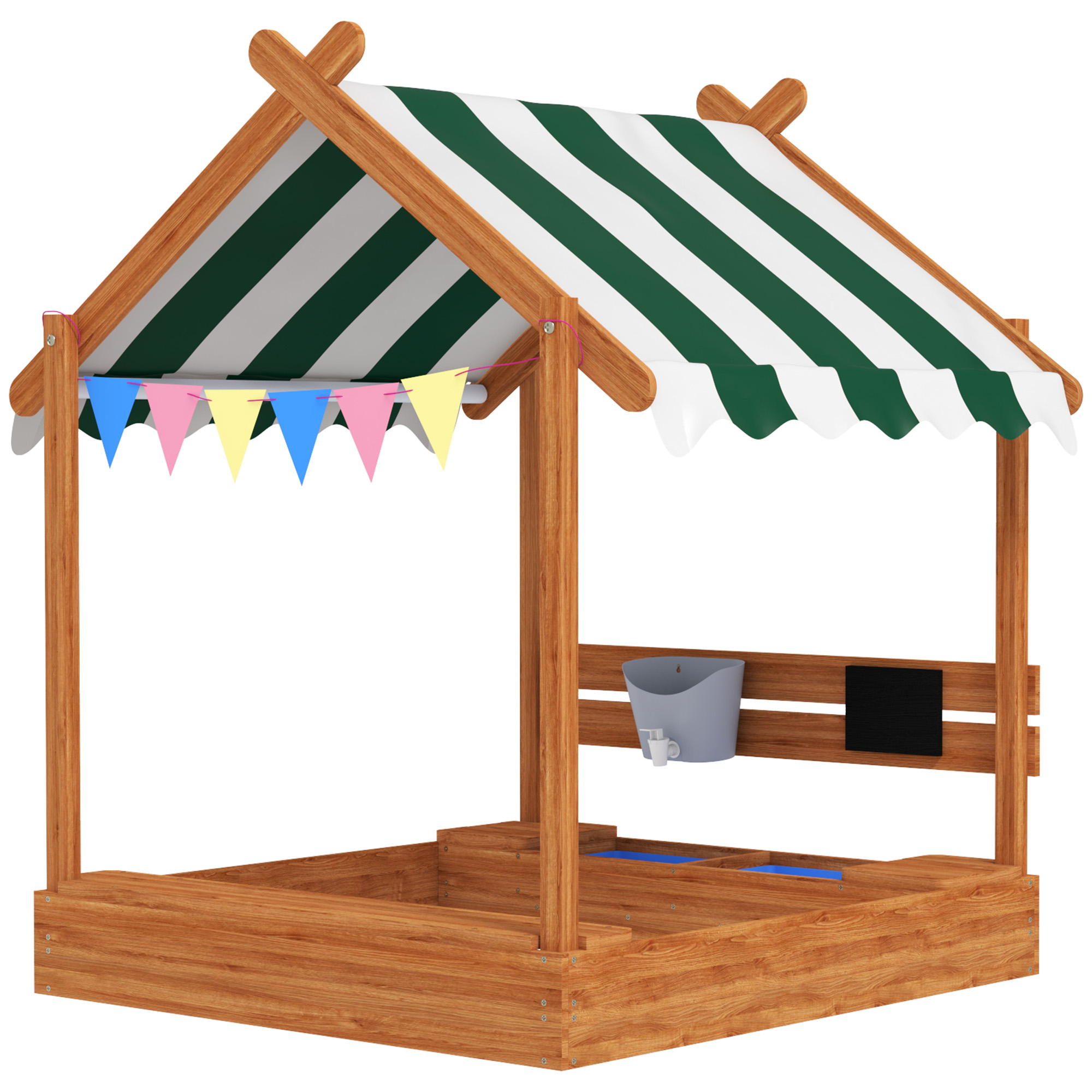 Sandkasten mit Sonnenschutz, Spielhaus-Design, mit Spielzeug-Set, behandeltes Massivholz, 124 x 116 x 146 cm, Grün